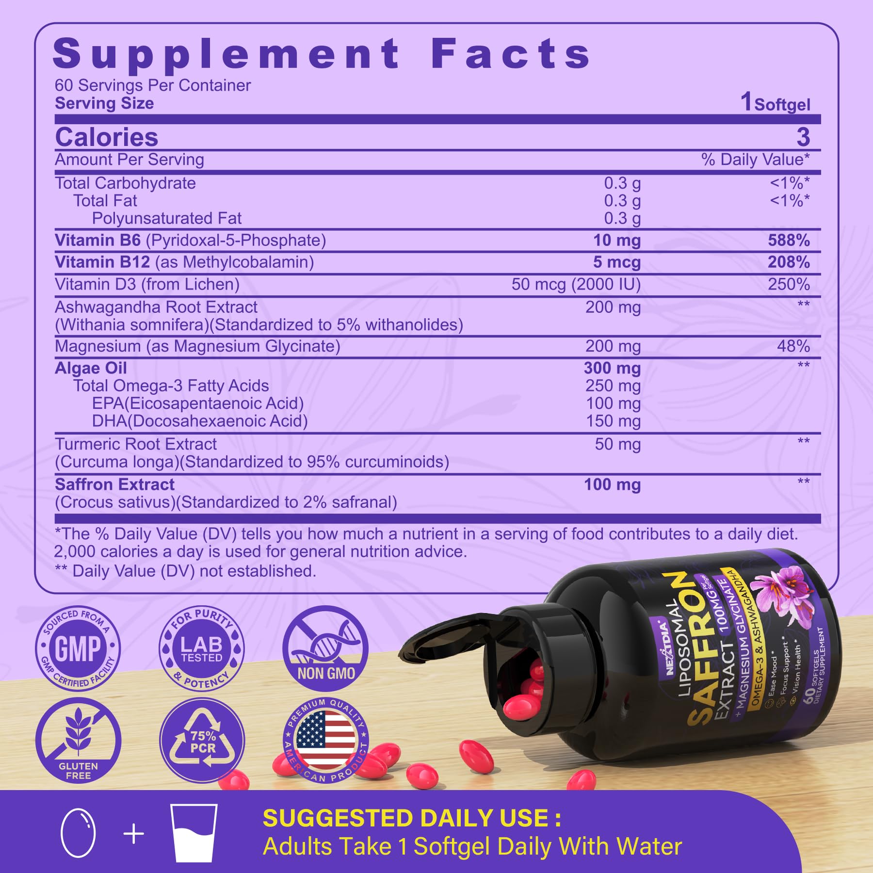 Saffron Supplements - 100mg Liposomal High Absorption | 100% Pure Saffron Extract + Magnesium Glycinate, Omega-3, Turmeric, Ashwagandha, B6, B12, D3 - 60 Softgels