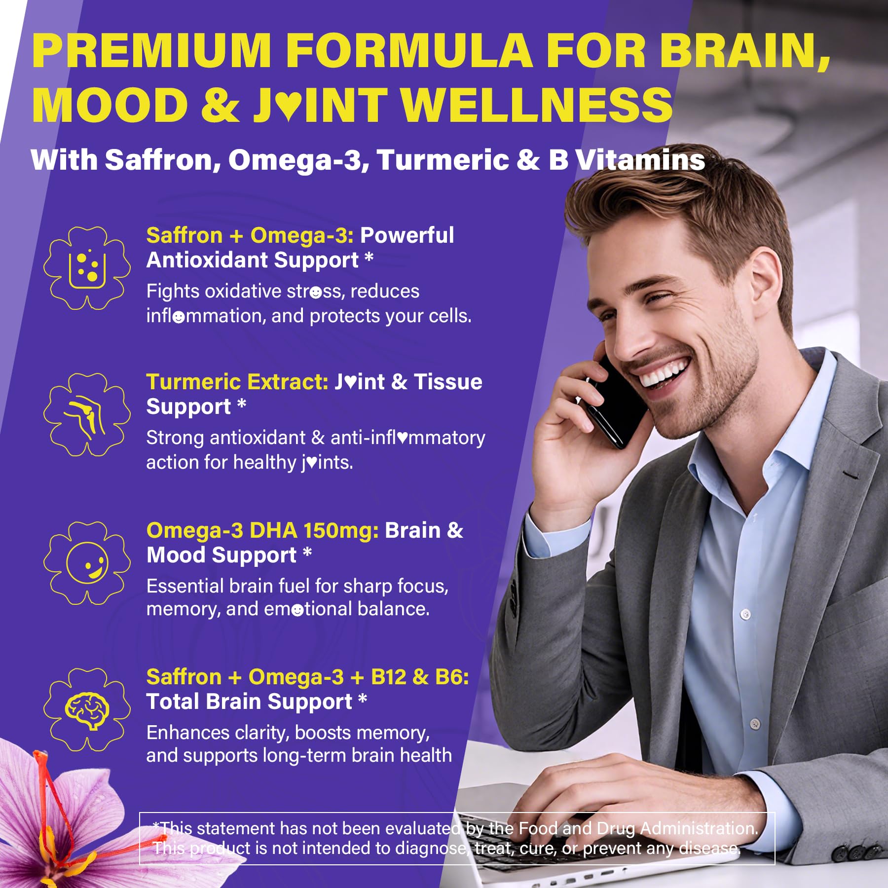 Saffron Supplements - 100mg Liposomal High Absorption | 100% Pure Saffron Extract + Magnesium Glycinate, Omega-3, Turmeric, Ashwagandha, B6, B12, D3 - 60 Softgels