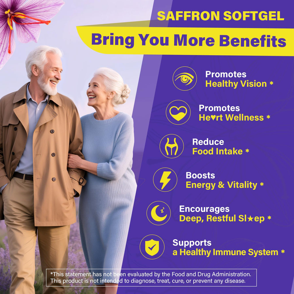 Saffron Supplements - 100mg Liposomal High Absorption | 100% Pure Saffron Extract + Magnesium Glycinate, Omega-3, Turmeric, Ashwagandha, B6, B12, D3 - 60 Softgels