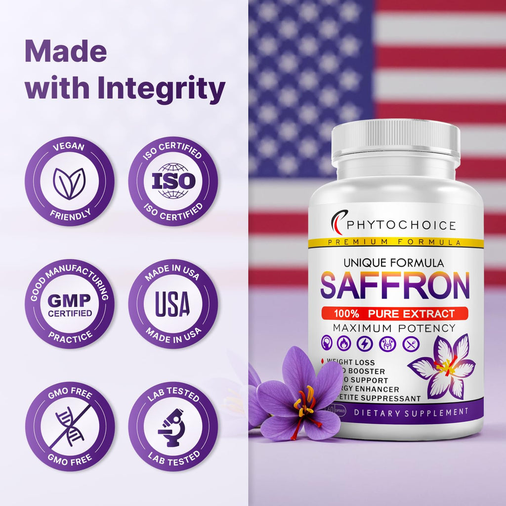 Pure Saffron Extract 88.5 mg - Mood, Focus & Vision Support | Made in USA | 60 Capsules