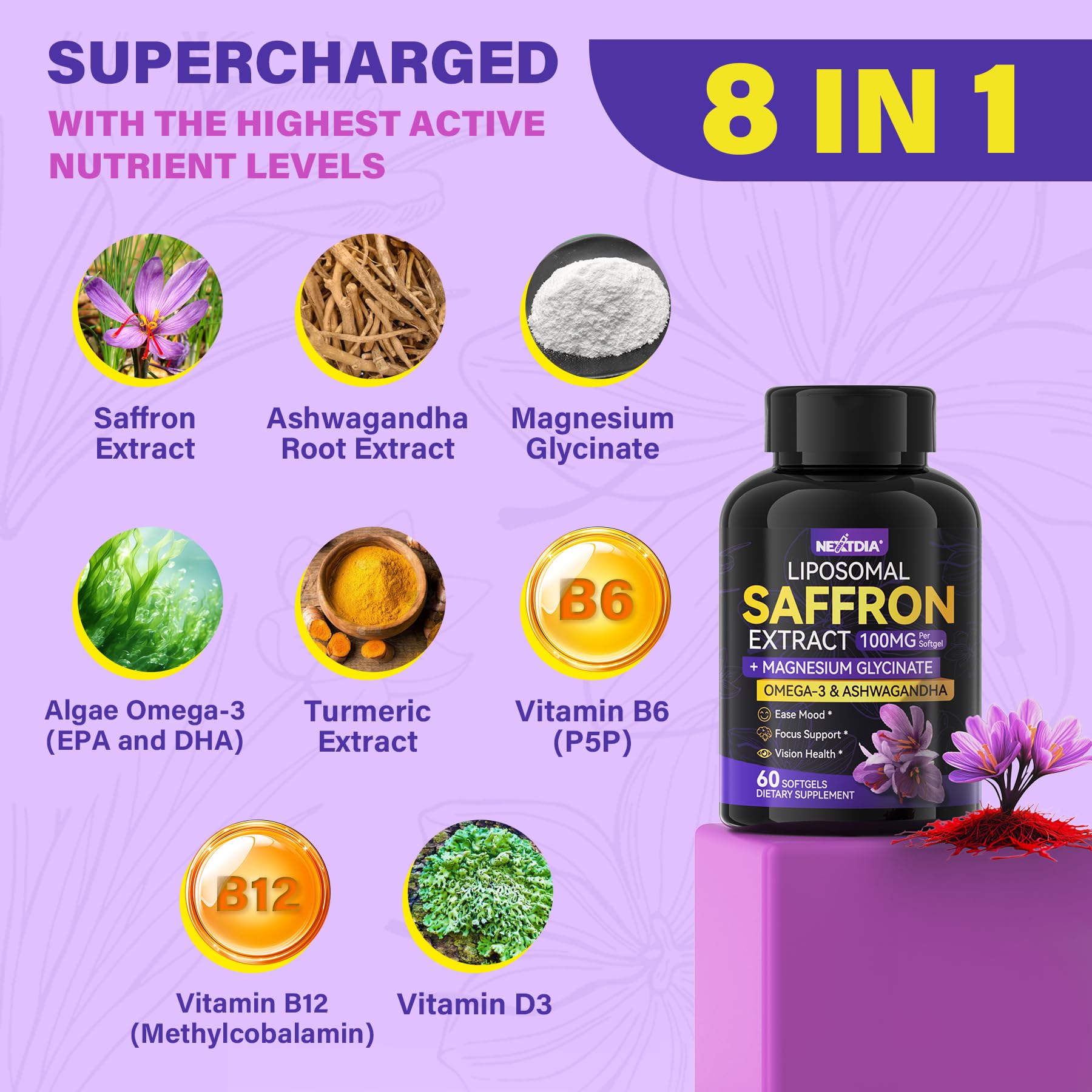 Saffron Supplements - 100mg Liposomal High Absorption | 100% Pure Saffron Extract + Magnesium Glycinate, Omega-3, Turmeric, Ashwagandha, B6, B12, D3 - 60 Softgels