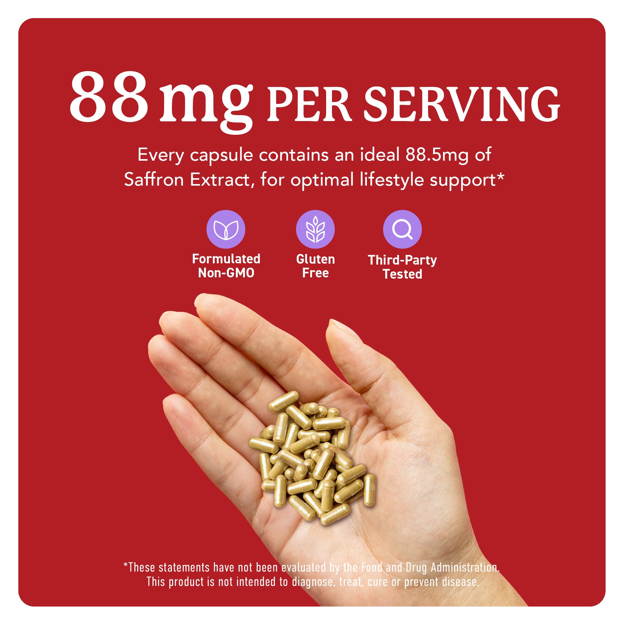 Saffron Supplements 88.5mg – 3-Month Supply | Mood, Focus, Eye Health & Energy | Gluten-Free & Non-GMO | 90 Capsules