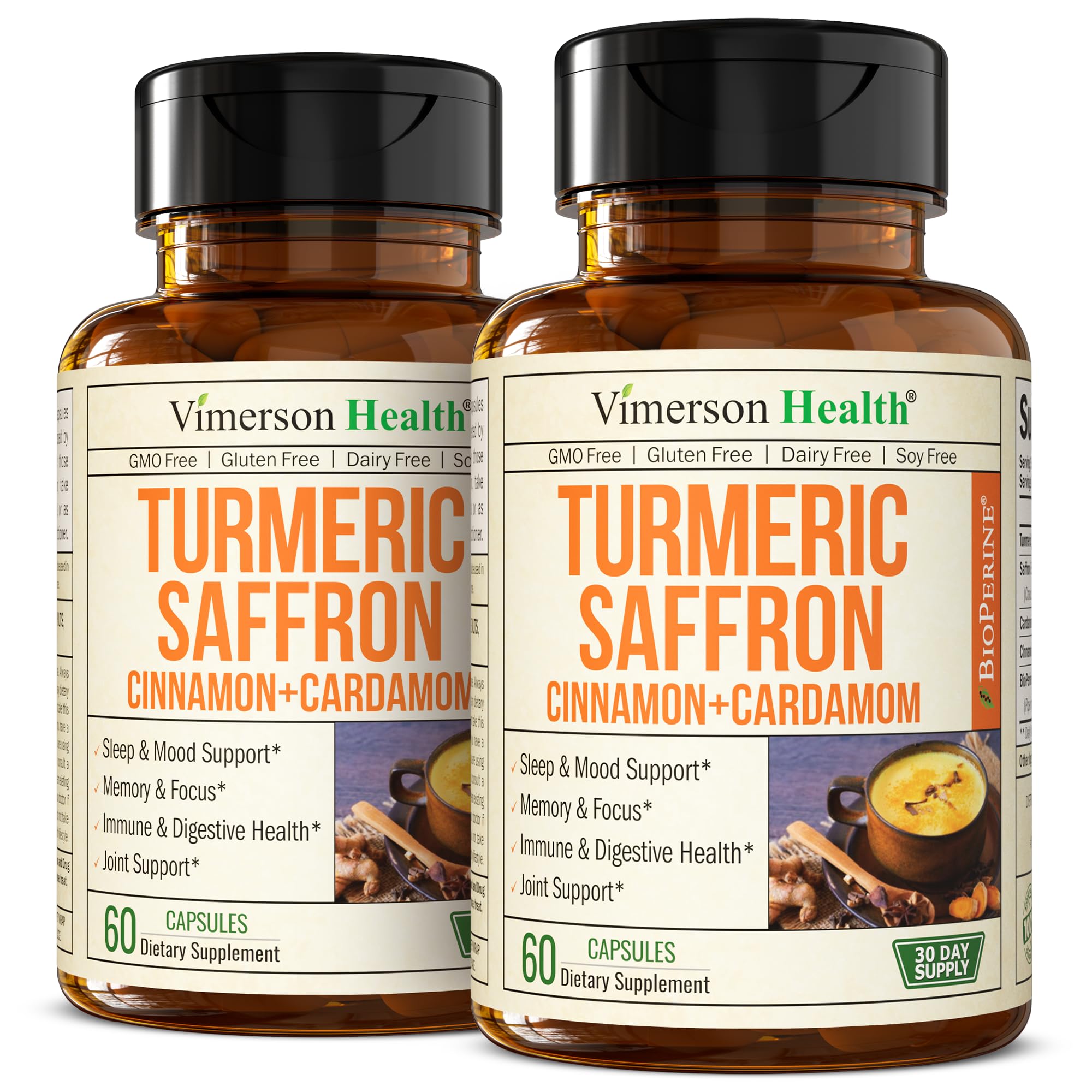 Vimerson Health Saffron Supplements (89 mg) – Turmeric Curcumin with Cinnamon, Cardamom, Eye Health & Mood – 2 Pack