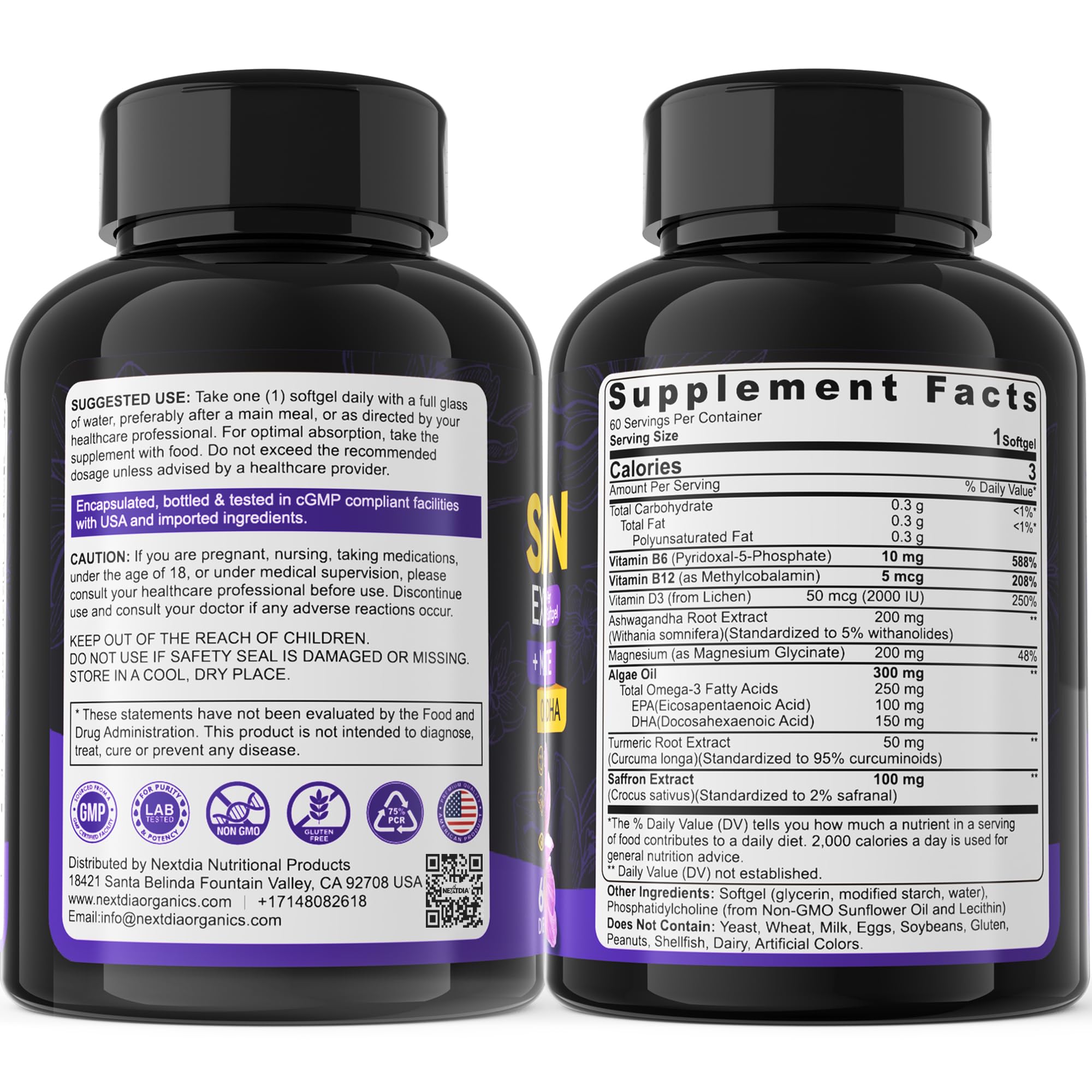 Saffron Supplements - 100mg Liposomal High Absorption | 100% Pure Saffron Extract + Magnesium Glycinate, Omega-3, Turmeric, Ashwagandha, B6, B12, D3 - 60 Softgels