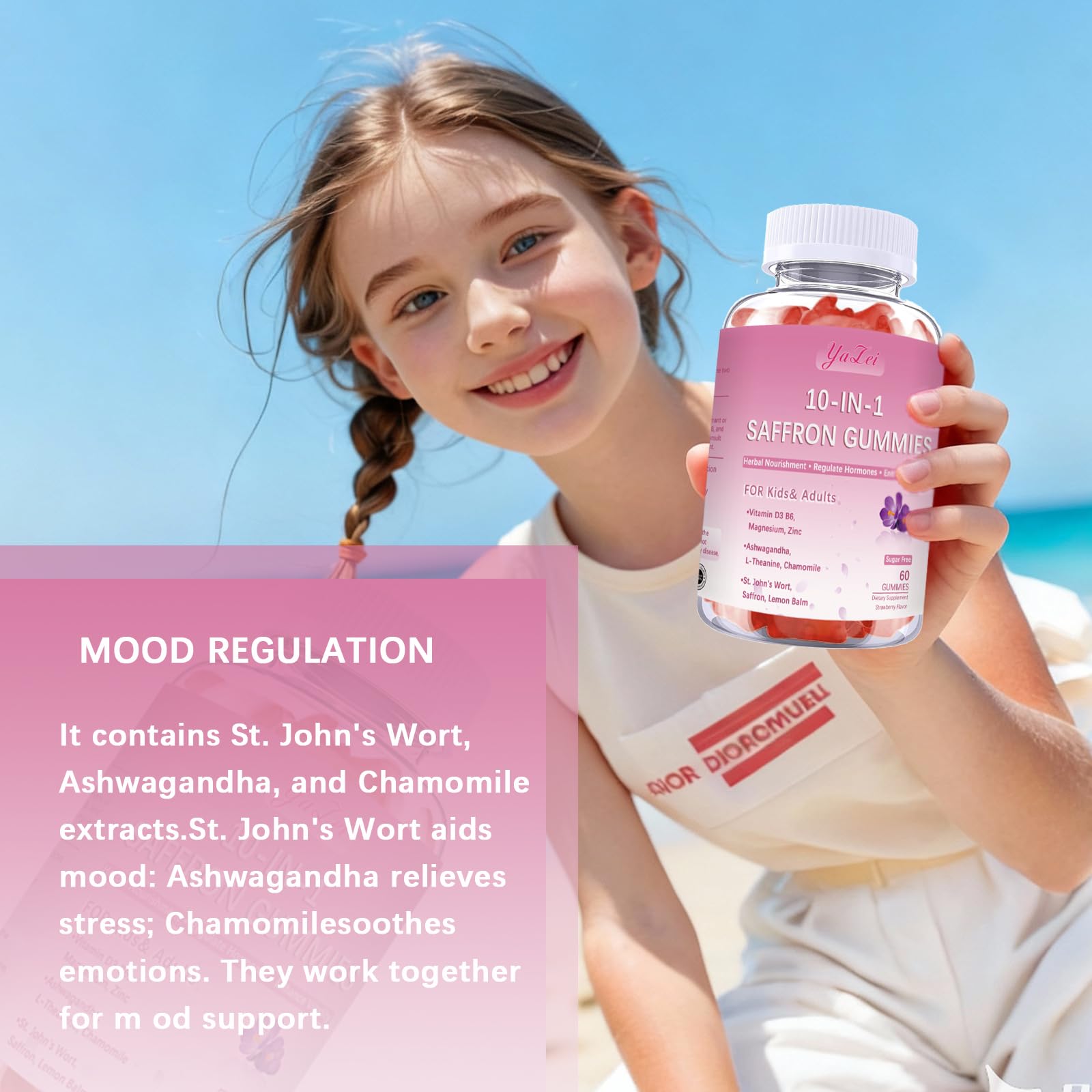 Saffron Supplements Gummies for Kids & Adults,Sugar Free,with Ashwagandha,L-Theanine,Chamomile,St. John's Wort,Lemon Balm,Vitamin D3 B6, Magnesium,Zinc Gummies for Zzz, Mood, Focus & Vision 60 Cnt