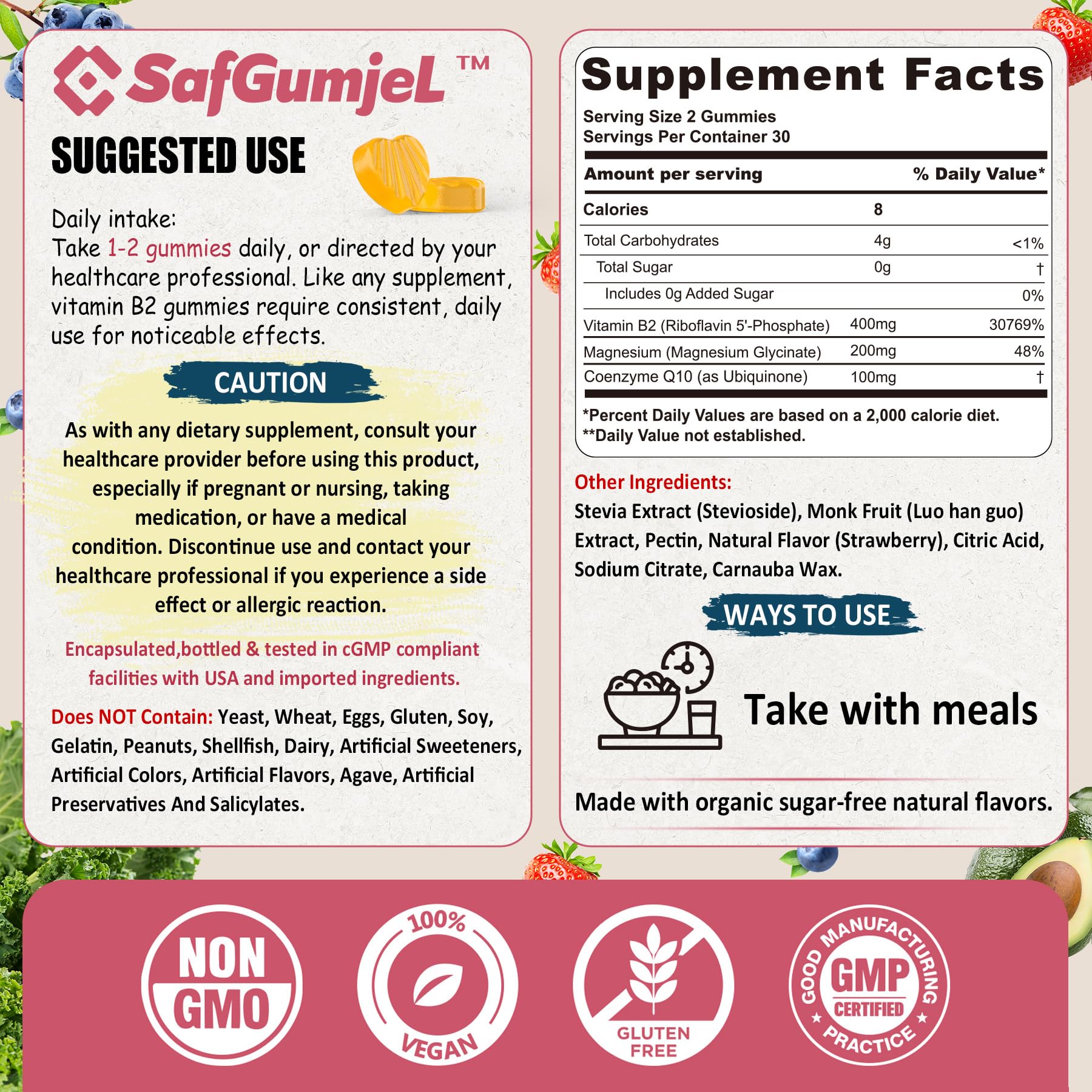 Safgumjel Vitamin B2 Gummies – Riboflavin 400mg + Magnesium & CoQ10 | Sugar Free, Vegan, Strawberry, 60 Count