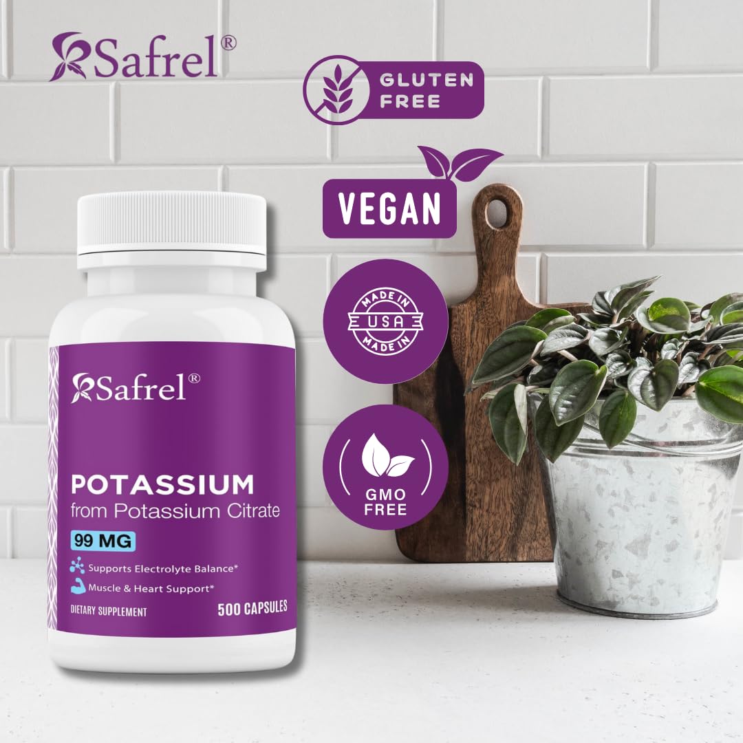 Safrel Potassium 99mg Citrate Capsules – 500 Servings | Non-GMO, Gluten Free, Vegan, Halal