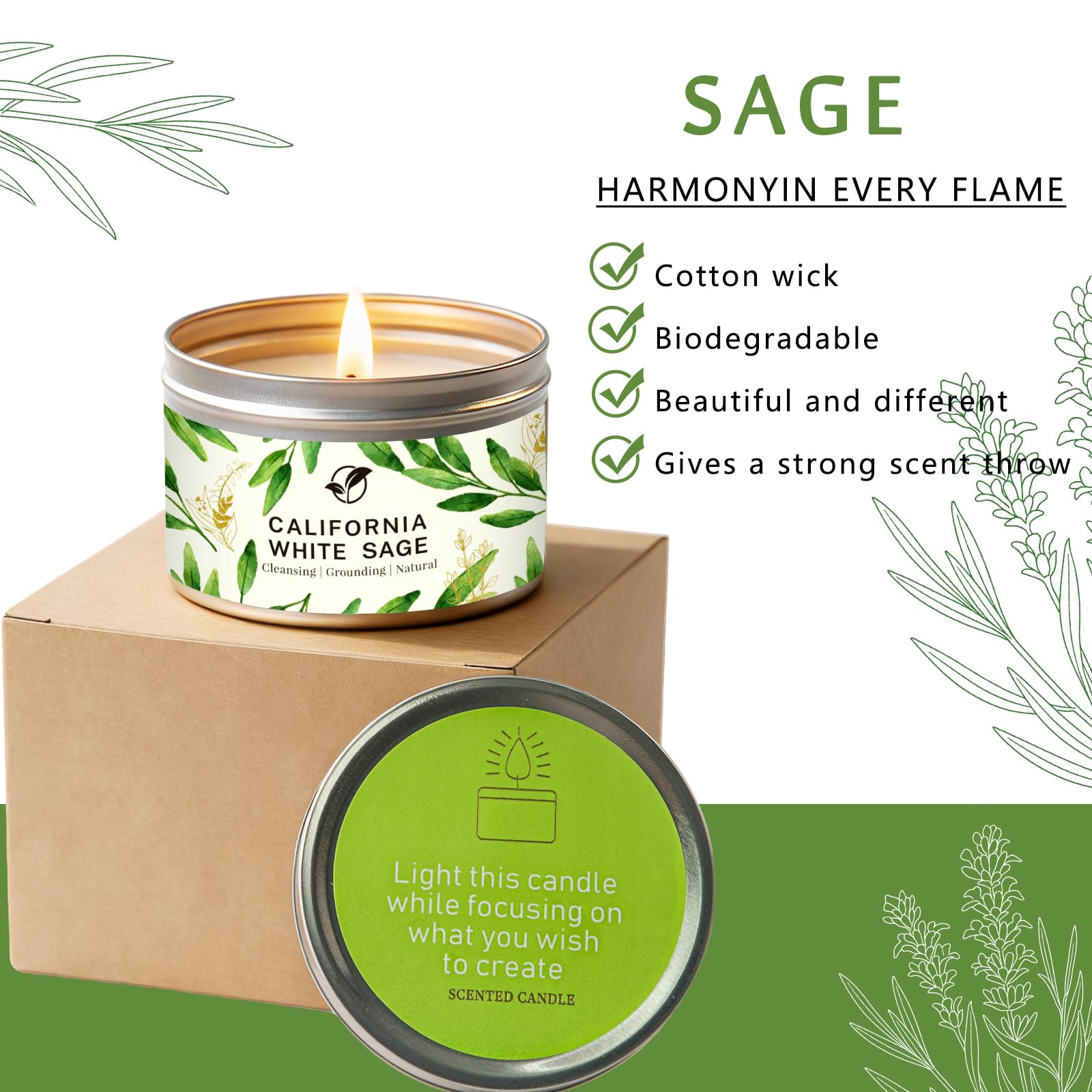 White Sage Candle 6 oz - 35 Hr Burn Time | Cleansing & Aromatherapy