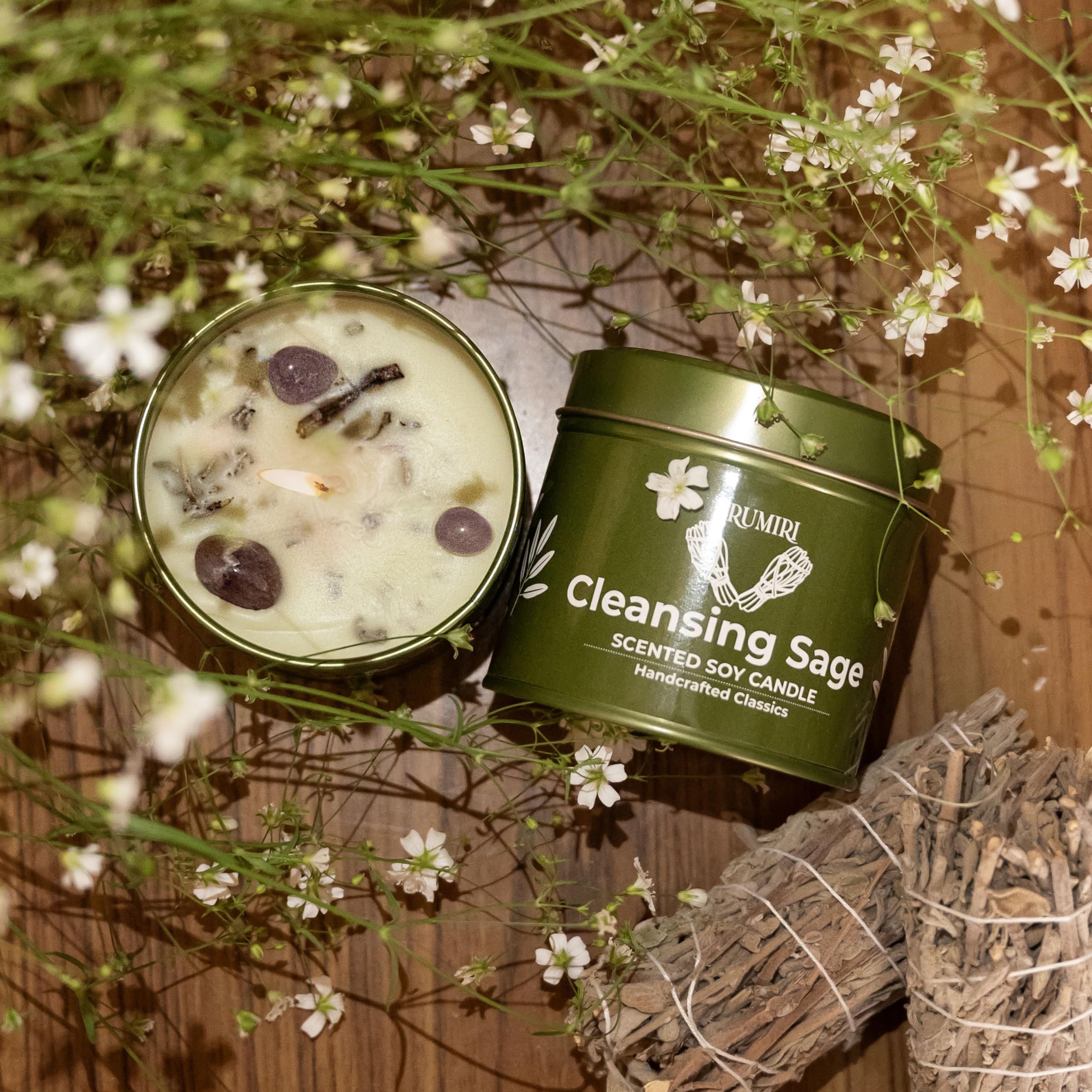 Sage Candle for Cleansing House with Crystals – 5oz Soy Wax, Non-Toxic Aromatherapy Gift
