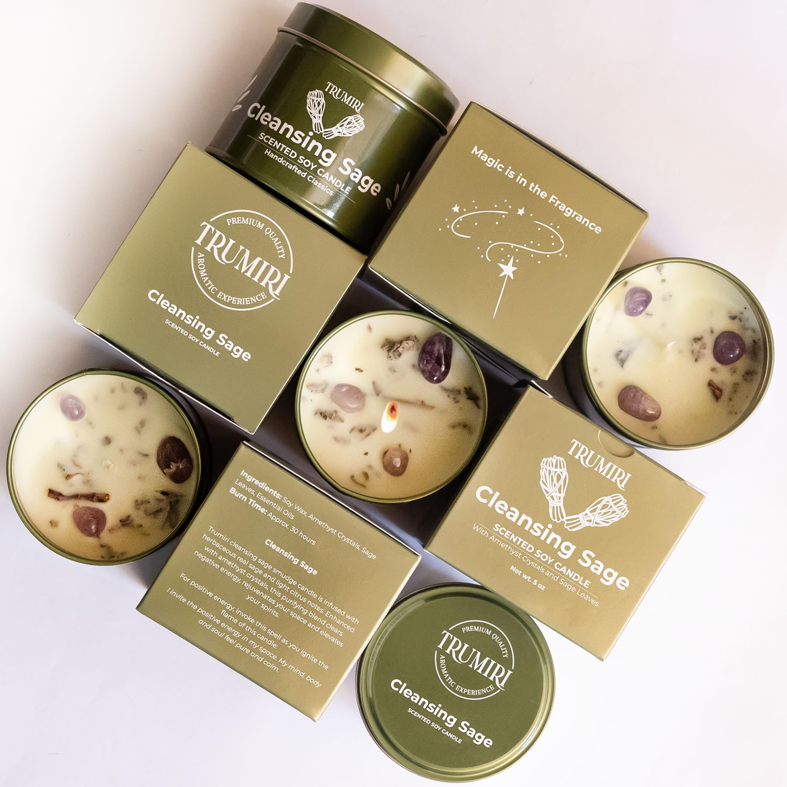 Sage Candle for Cleansing House with Crystals – 5oz Soy Wax, Non-Toxic Aromatherapy Gift