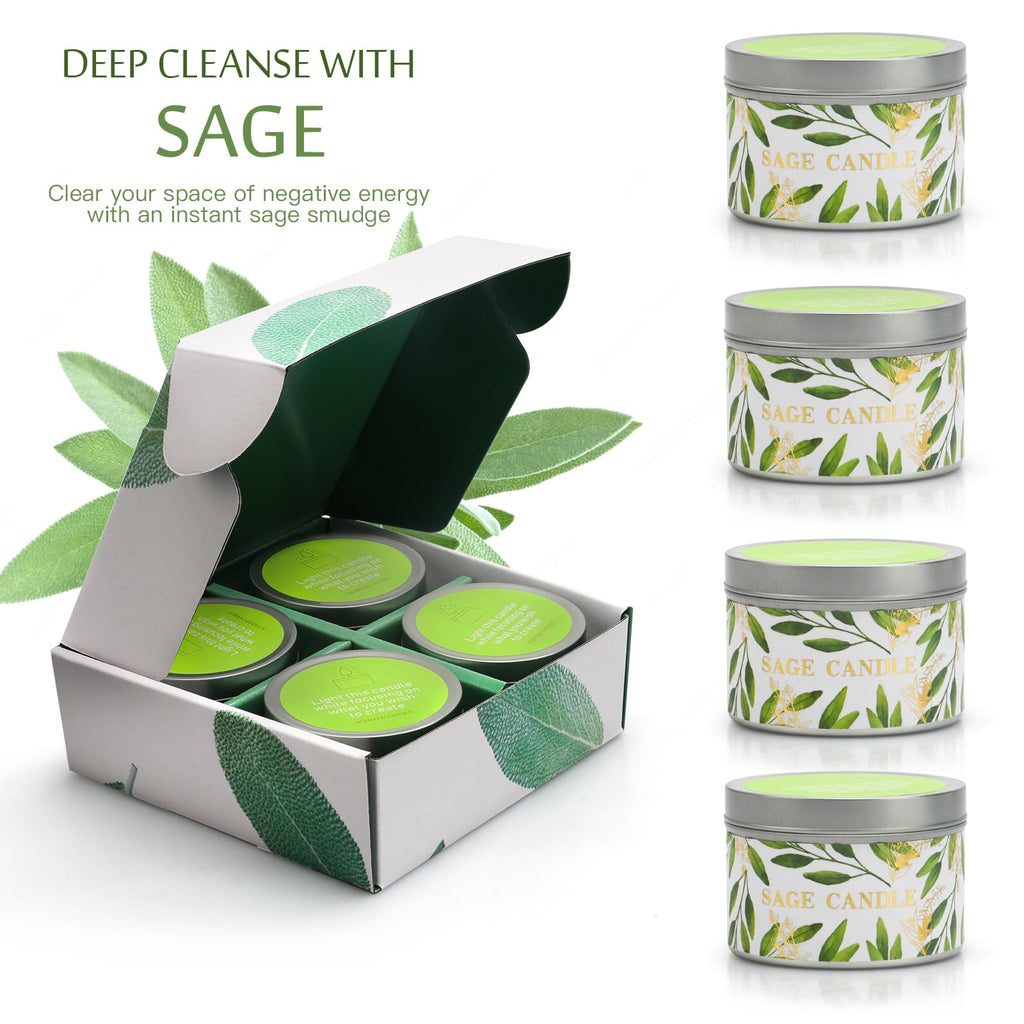 4 Pack Sage Candles with Crystal Healing Stones – White Sage & Energy Cleansing