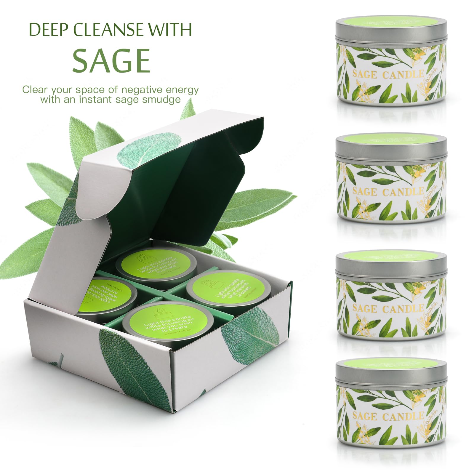 4 Pack Sage Candles with Crystal Healing Stones – White Sage & Energy Cleansing