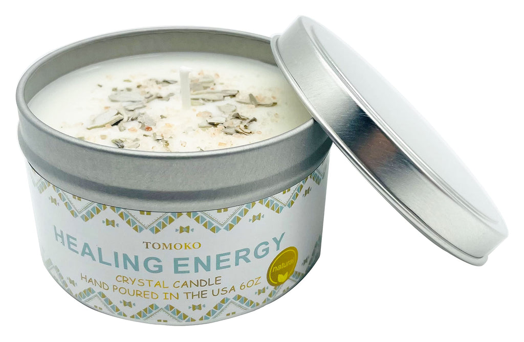 White Sage Candle with Sage Leaf, Himalayan Crystal Salt & Essential Oil | Healing Energy