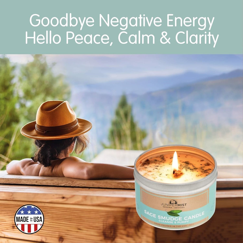 Sage Smudge Candle with White Sage Leaf (6oz) – Manifest & Cleanse | Soy Wax – USA Made