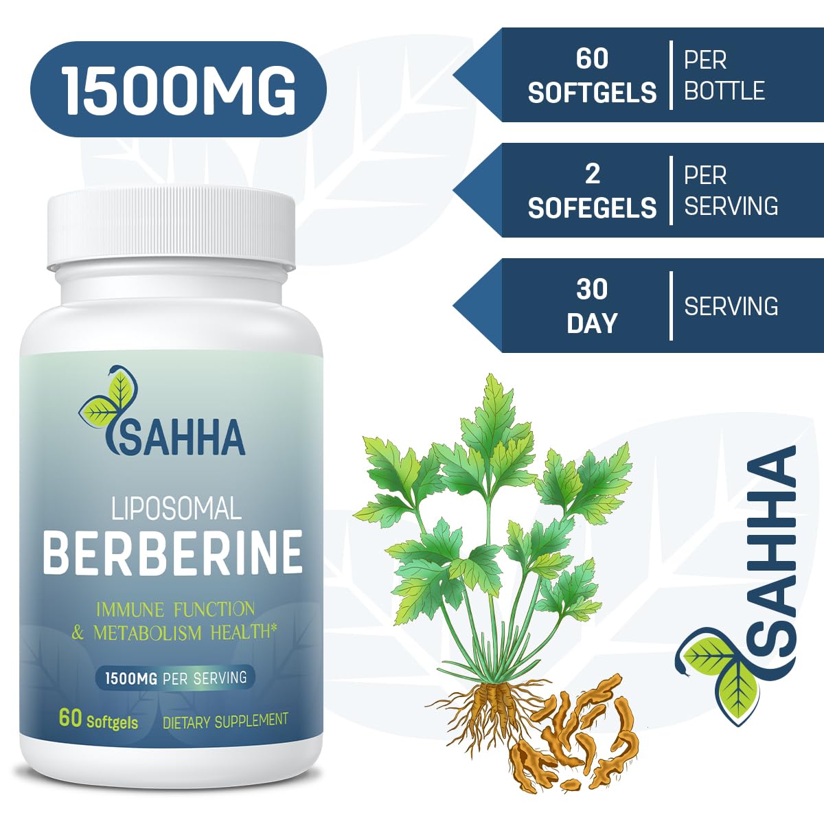 Sahha Liposomal Berberine HCL 1500mg – Supports AMPK & GLP-1 Activation, High Bioavailability for Men and Women Overall Health Supplement (2 Pack)