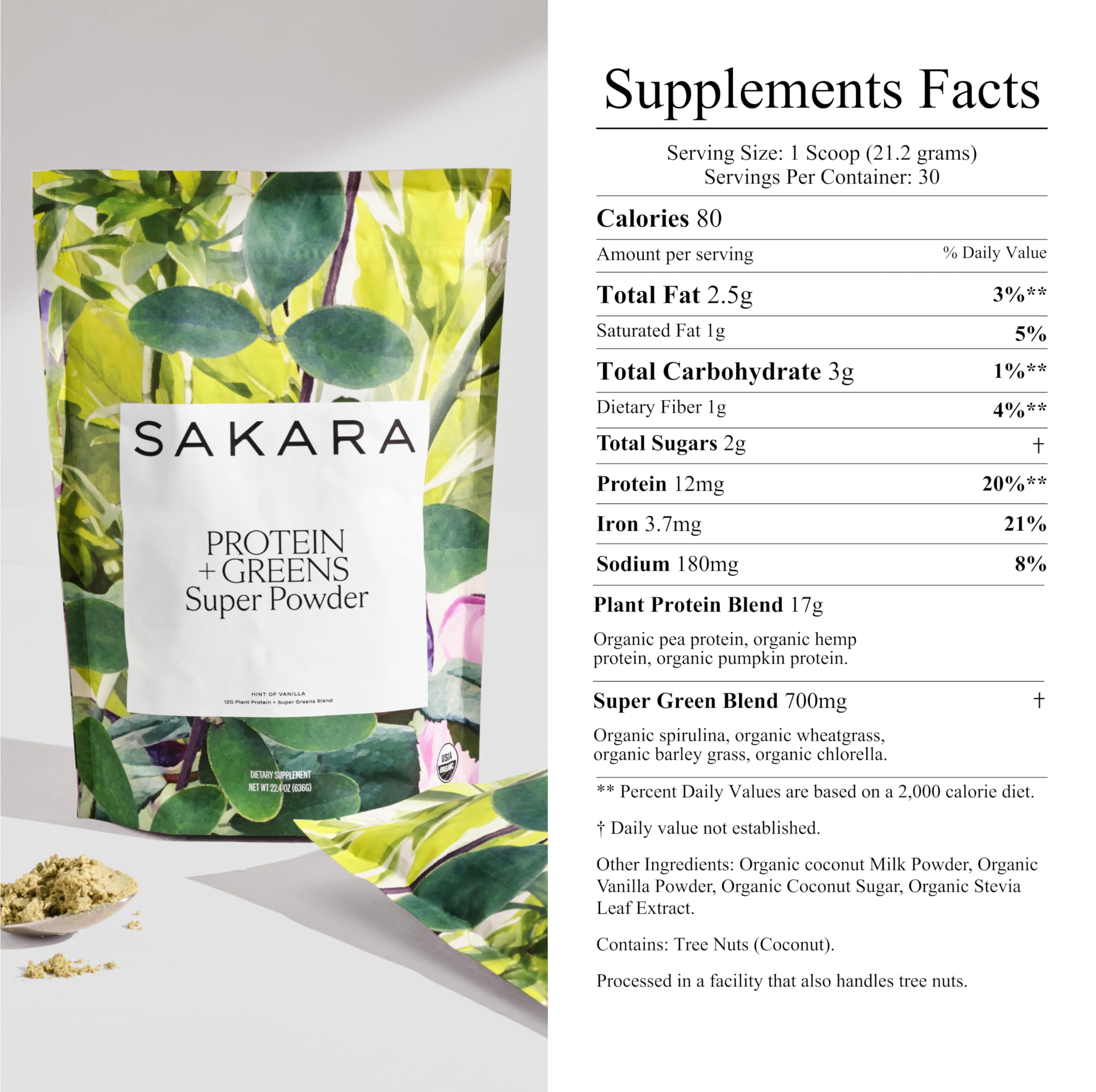 SAKARA Protein + Greens Super Powder – 30 Servings, Organic Plant-Based Protein & Greens Blend