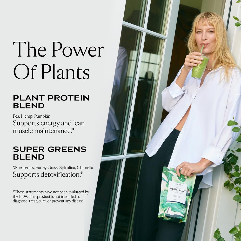 SAKARA Protein + Greens Super Powder – 30 Servings, Organic Plant-Based Protein & Greens Blend