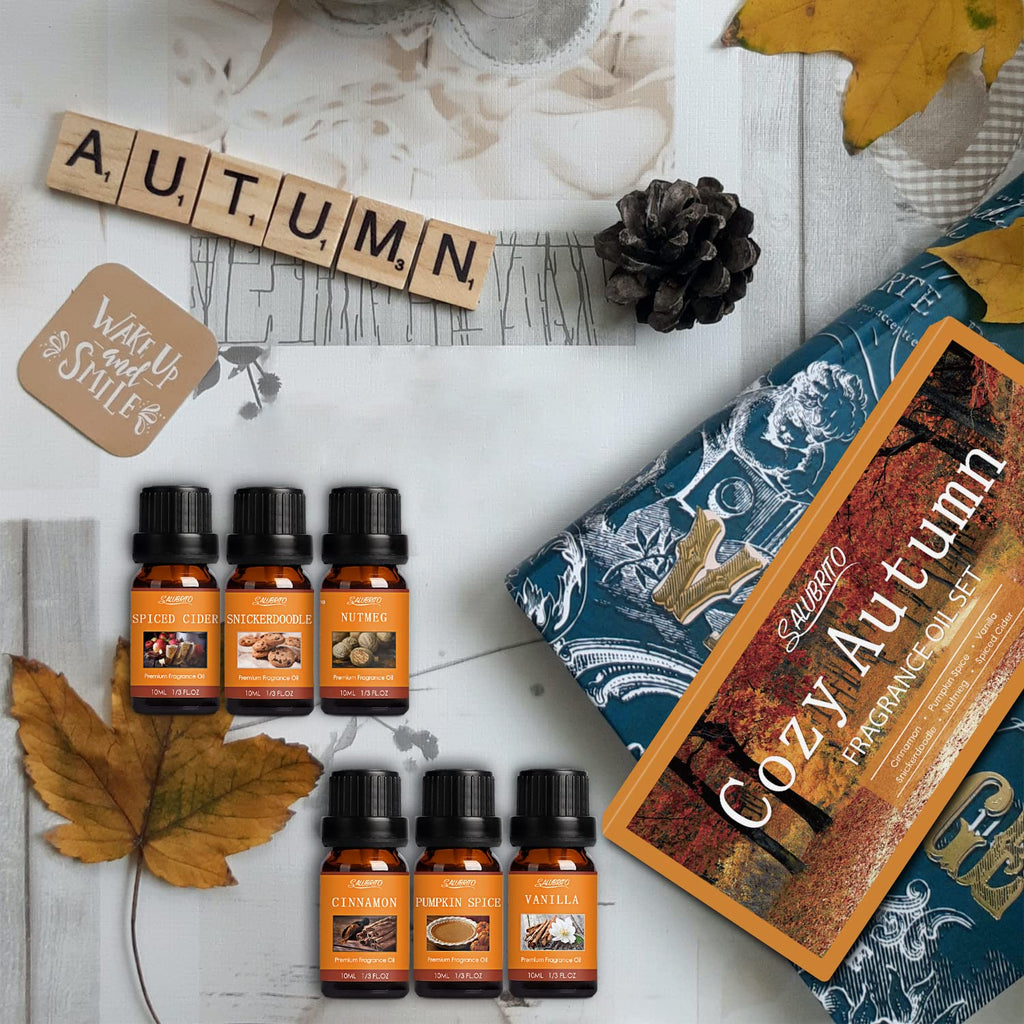 SALUBRITO Fall Fragrance Oils Set – 6x10ml Autumn Essential Oils for Diffuser, Candle Making & Aromatherapy