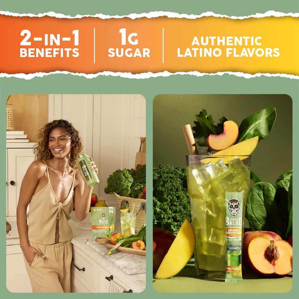 Salud 2-in-1 Greens Powder & Superfood Drink Mix – Peach Mango, 15 Servings, Probiotics, Digestive Health (Vegan)