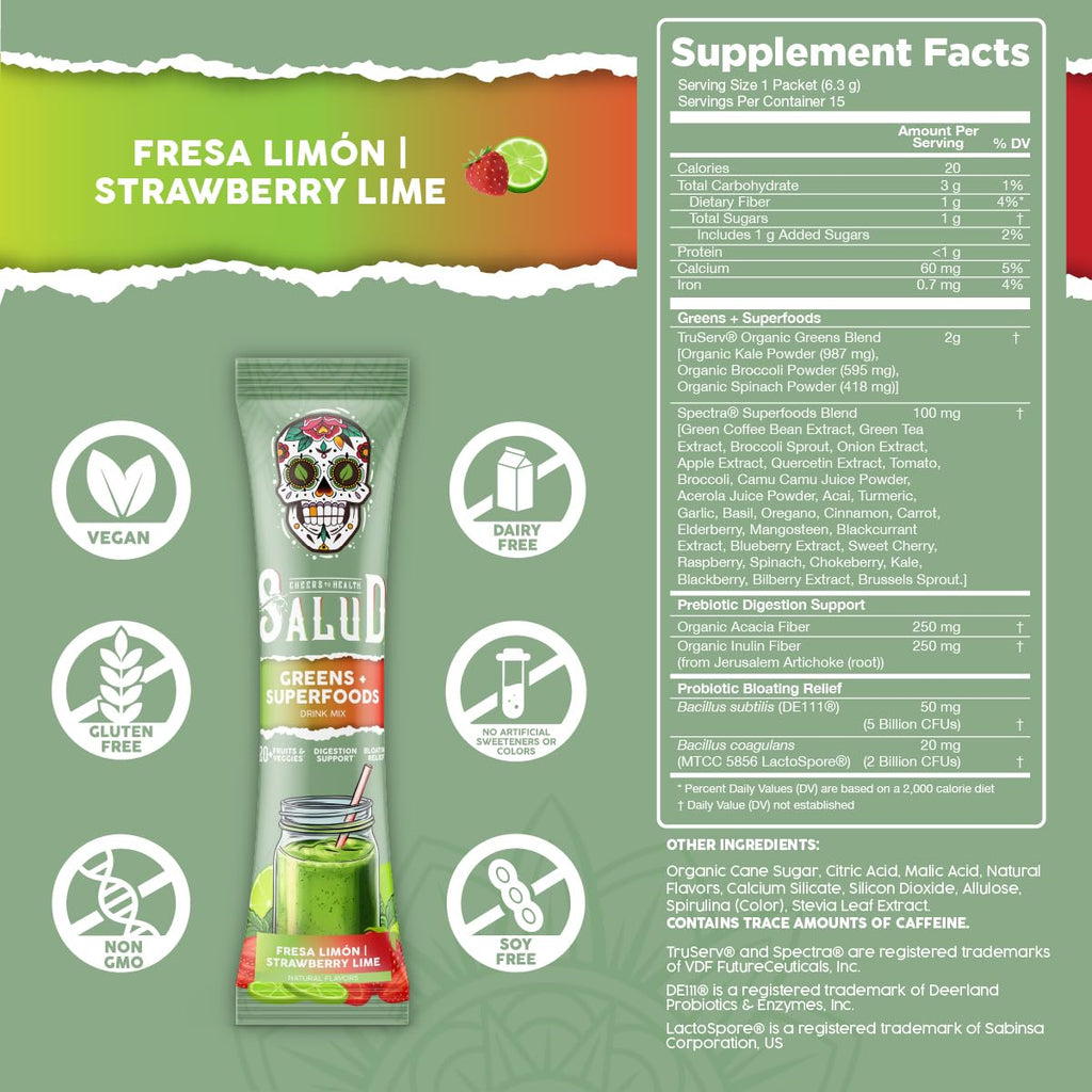 Salud 2-in-1 Greens Powder + Superfood Drink Mix – Strawberry Lime, 15 Servings (Vegan)