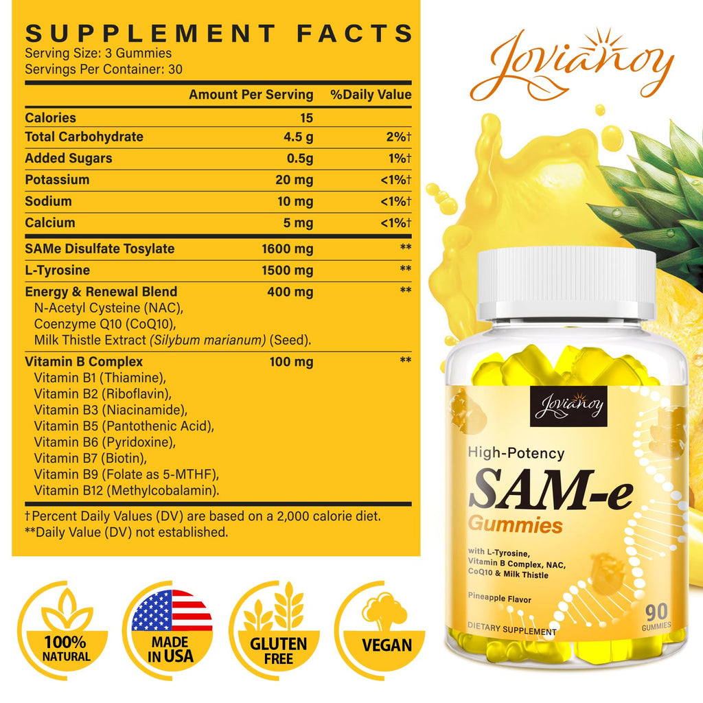 SAM-e Gummies with L-Tyrosine & NAC – Pineapple, 180 Gummies | Vegan