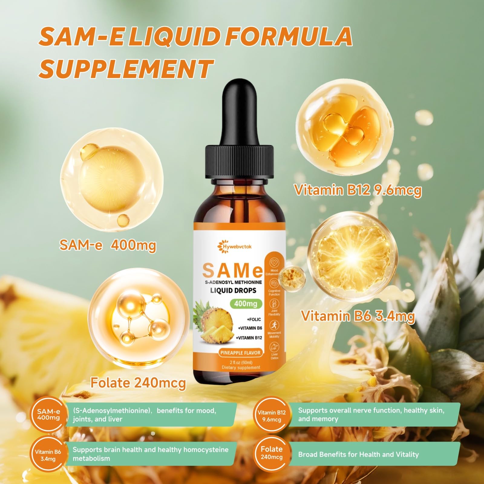 Liquid SAM-e Drops 2 Oz - 400mg SAM-e with B6, B12 & Folate | Pineapple Flavor | 98% Absorption | Joint & Liver Health | 0 Sugar