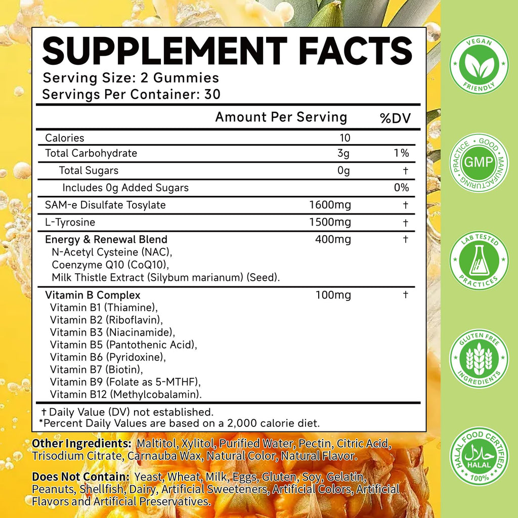 SAM-e L-Tyrosine Gummies with NAC, CoQ10 & Vitamin B – 1600mg SAM-e