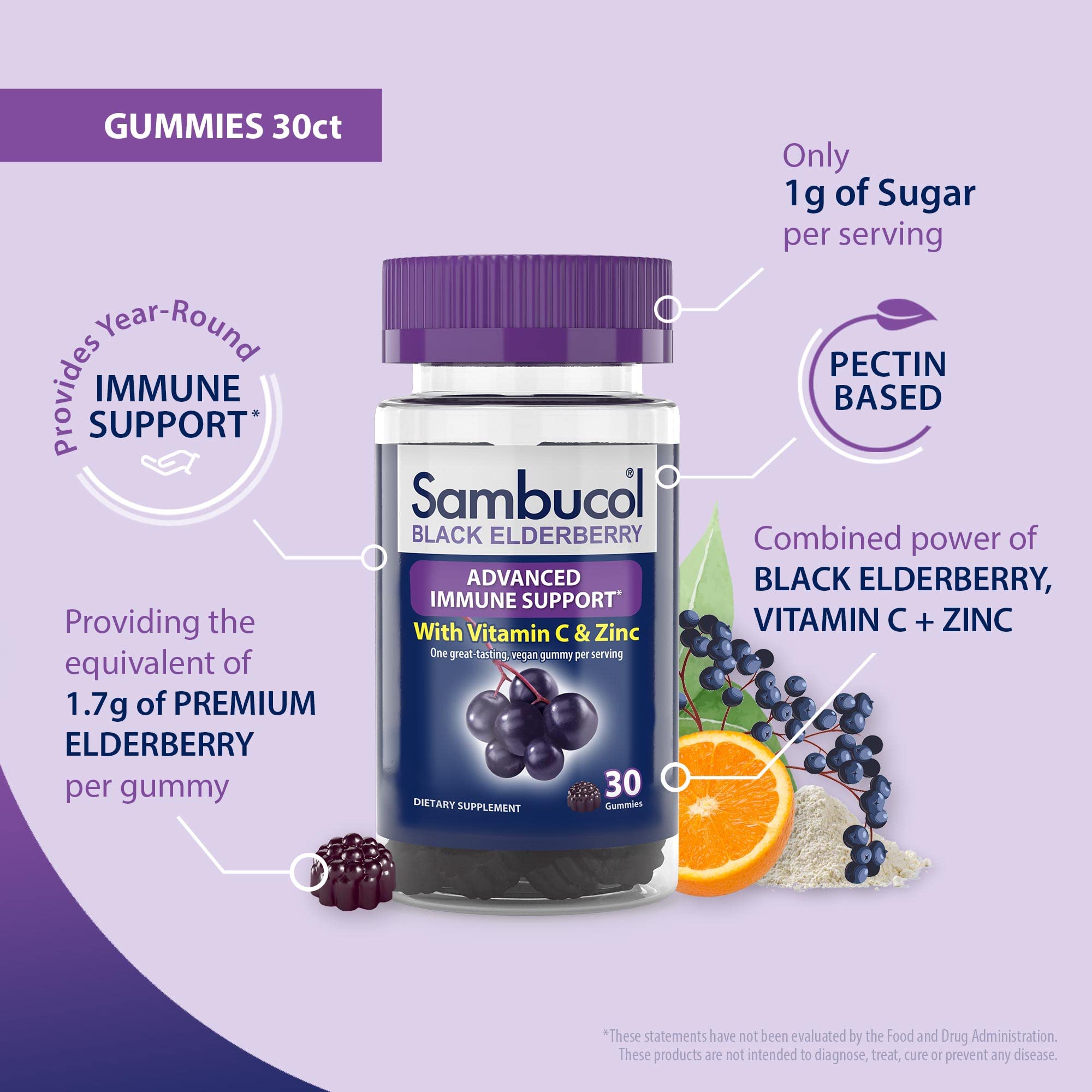 Sambucol Black Elderberry Gummies with Vitamin C & Zinc – 30 Count, 2 Pack