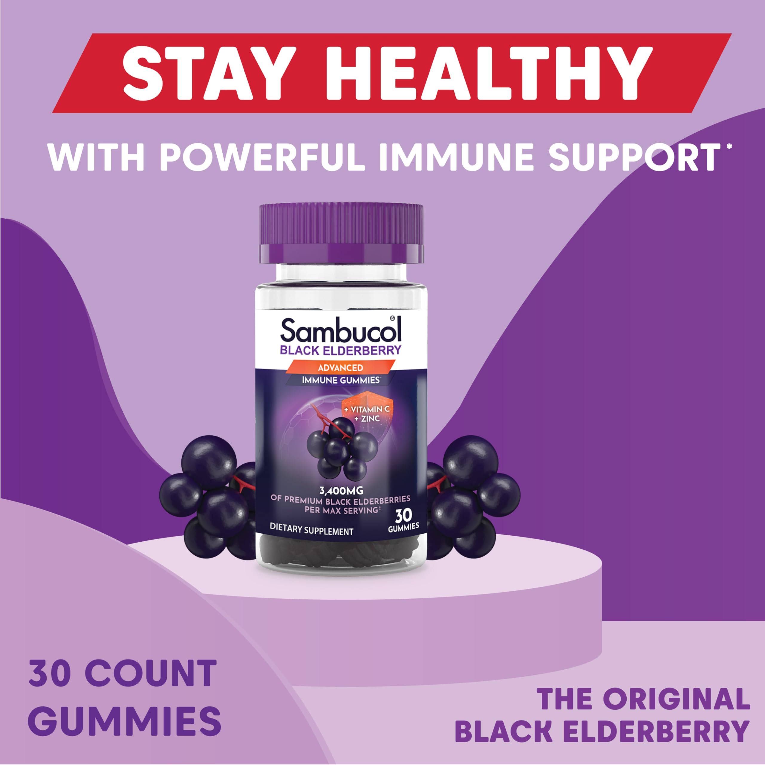 Sambucol Black Elderberry Gummies – Immune Support with Zinc & Vitamin C for Adults | 30 Count x 3-Pack