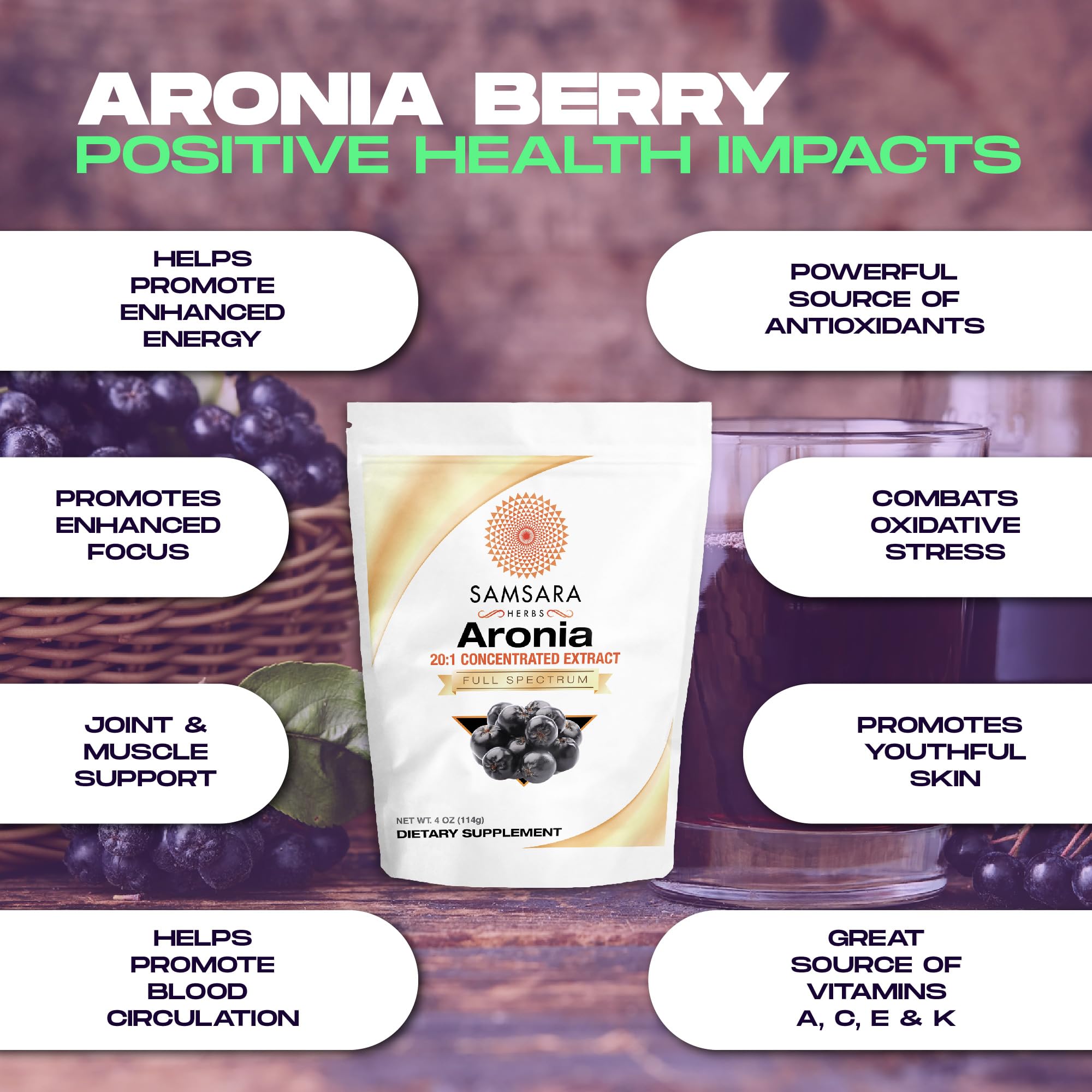 Samsara Herbs Aronia Berry 20:1 Extract Powder (16oz/454g) – Antioxidant & High ORAC