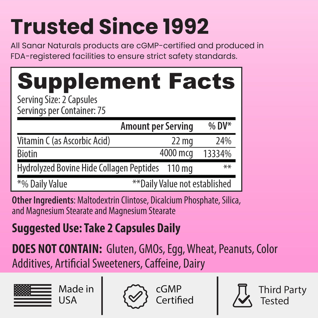 Sanar Naturals Collagen Pills with Biotin and Vitamin C - 150 Capsules
