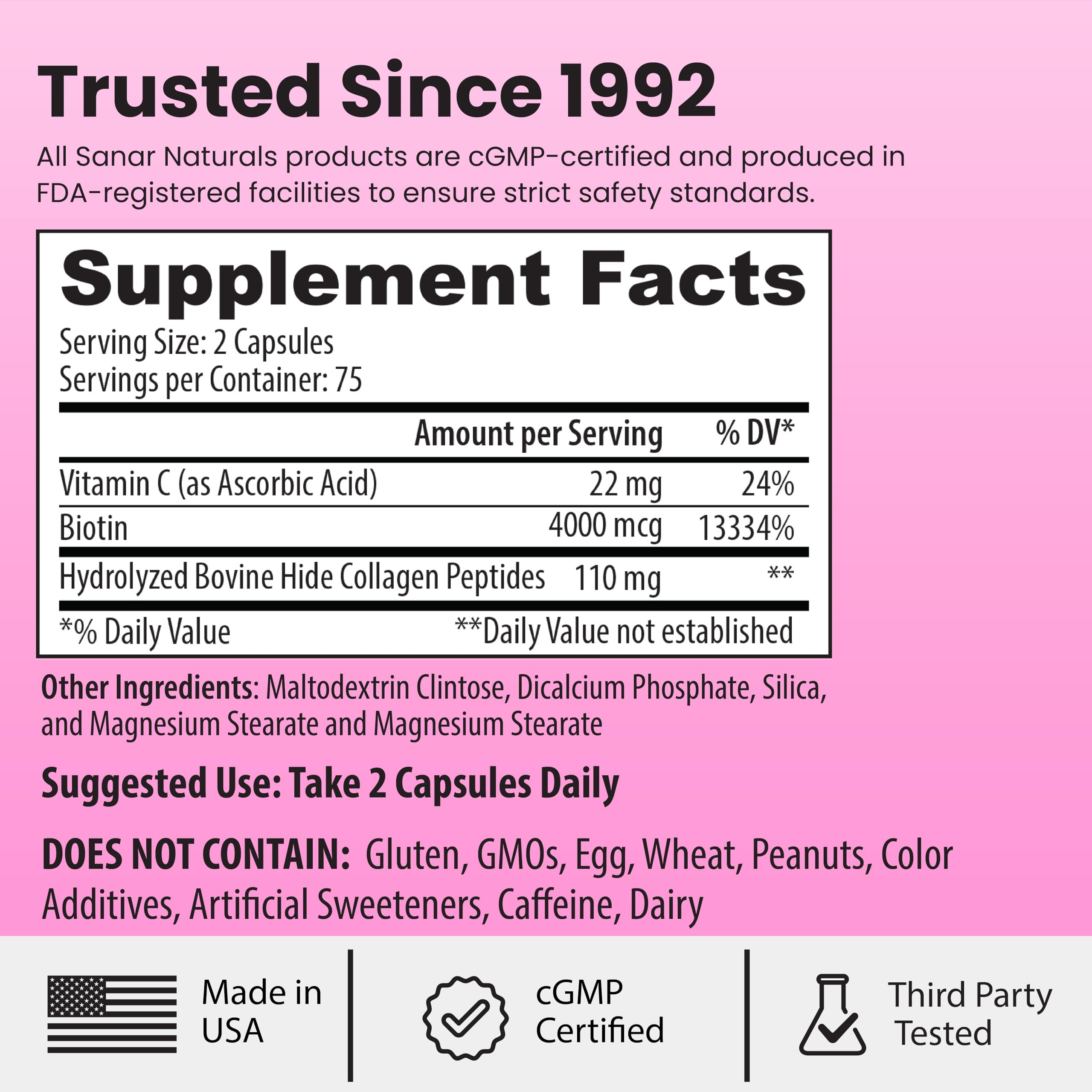 Sanar Naturals Collagen Pills with Biotin and Vitamin C - 150 Capsules