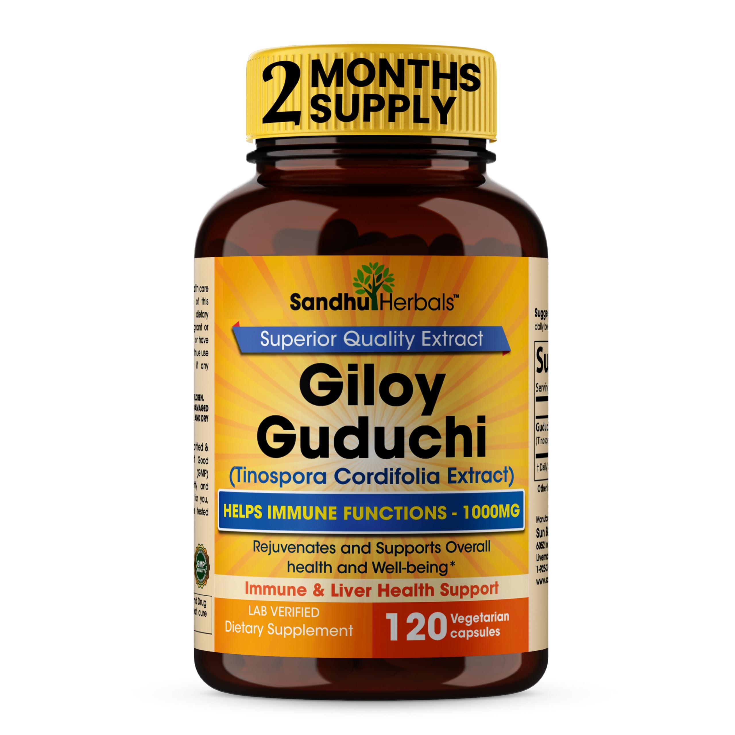 SANDHUHERBALS Organic Giloy (Guduchi) Powder – 120 Vegetarian Capsules | Immune Support & Digestion | Made in USA
