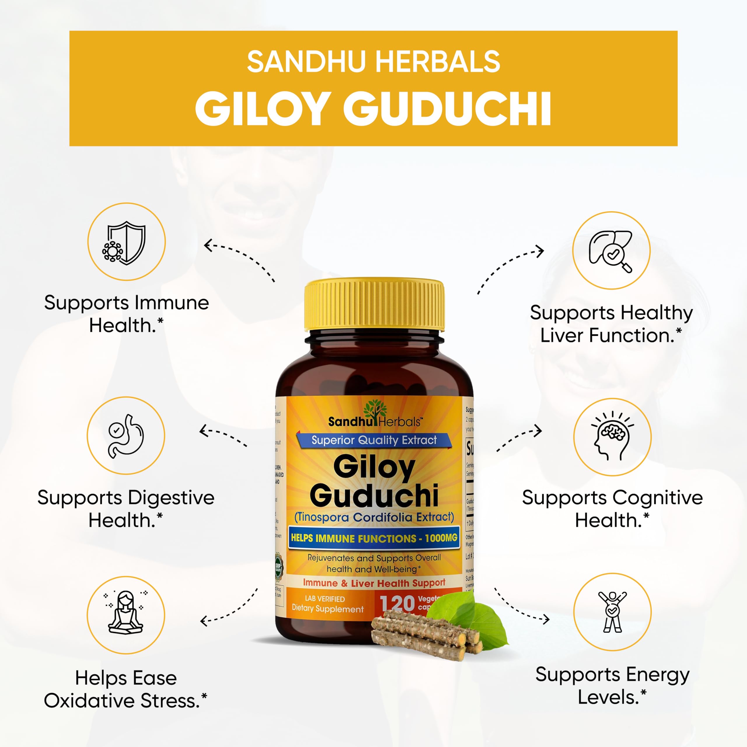 SANDHUHERBALS Organic Giloy (Guduchi) Powder – 120 Vegetarian Capsules | Immune Support & Digestion | Made in USA
