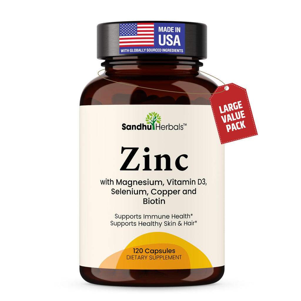 Sandhu Herbals Zinc 30mg with D3, B6, Biotin – Immune & Beauty Support | 120 Caps