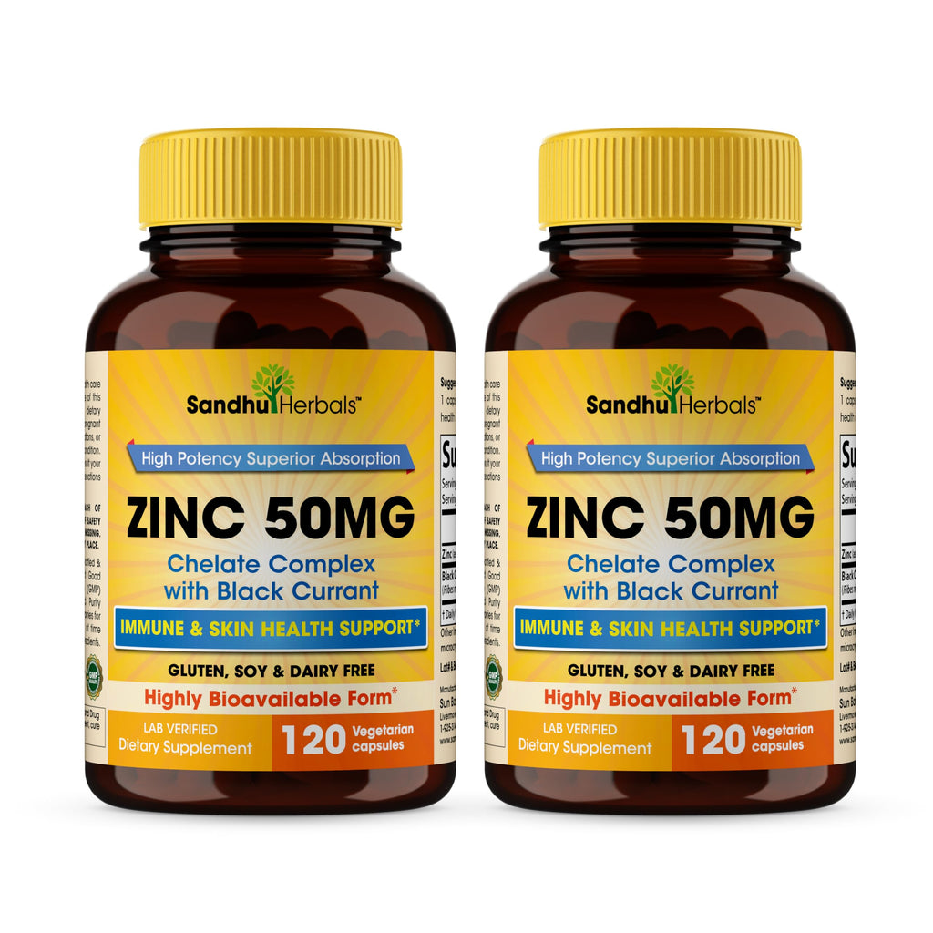 SANDHUHERBALS Zinc Supplements with Black Currant for Men and Women | Zinc 50mg 120 Vegetarian Capsules (Pack of 2) | Highly Absorbable for Immune Support | Zink 50 mg Supplement Supports Skin Health