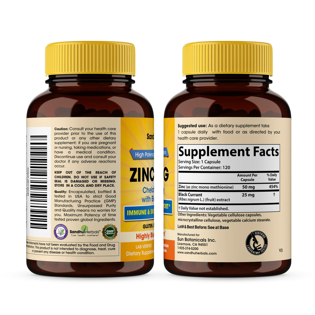 SANDHUHERBALS Zinc Supplements with Black Currant for Men and Women | Zinc 50mg 120 Vegetarian Capsules (Pack of 2) | Highly Absorbable for Immune Support | Zink 50 mg Supplement Supports Skin Health