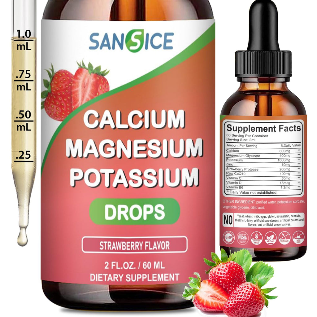SANSICE Calcium Magnesium Potassium Liquid Supplement – Strawberry, 60ml, High Absorption, Vegan & Non-GMO