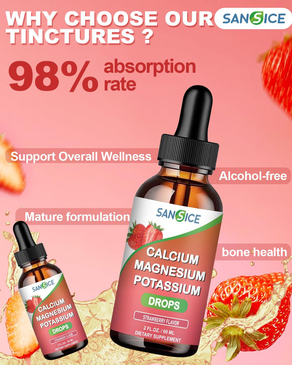 SANSICE Calcium Magnesium Potassium Liquid Supplement – Strawberry, 60ml, High Absorption, Vegan & Non-GMO