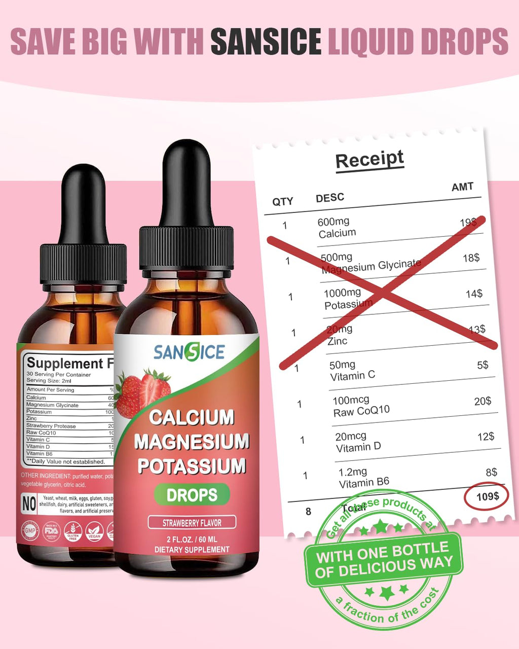SANSICE Calcium Magnesium Potassium Liquid Supplement – Strawberry, 60ml, High Absorption, Vegan & Non-GMO