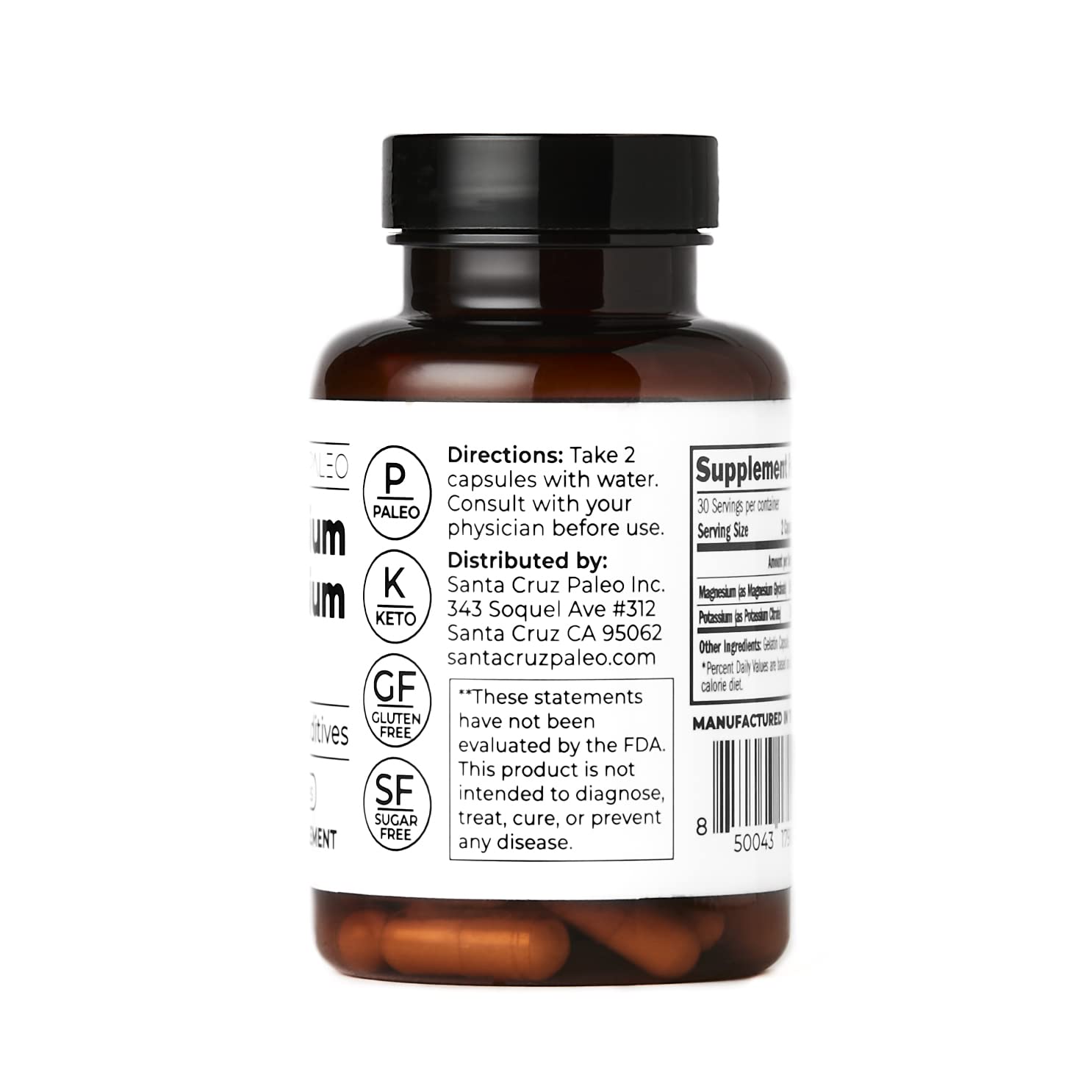Santa Cruz Paleo Magnesium + Potassium Caps | Magnesium Glycinate 166 mg + Potassium Citrate 38 mg | Paleo, Keto, Gluten Free, Sugar Free | American Made | 60 Caps