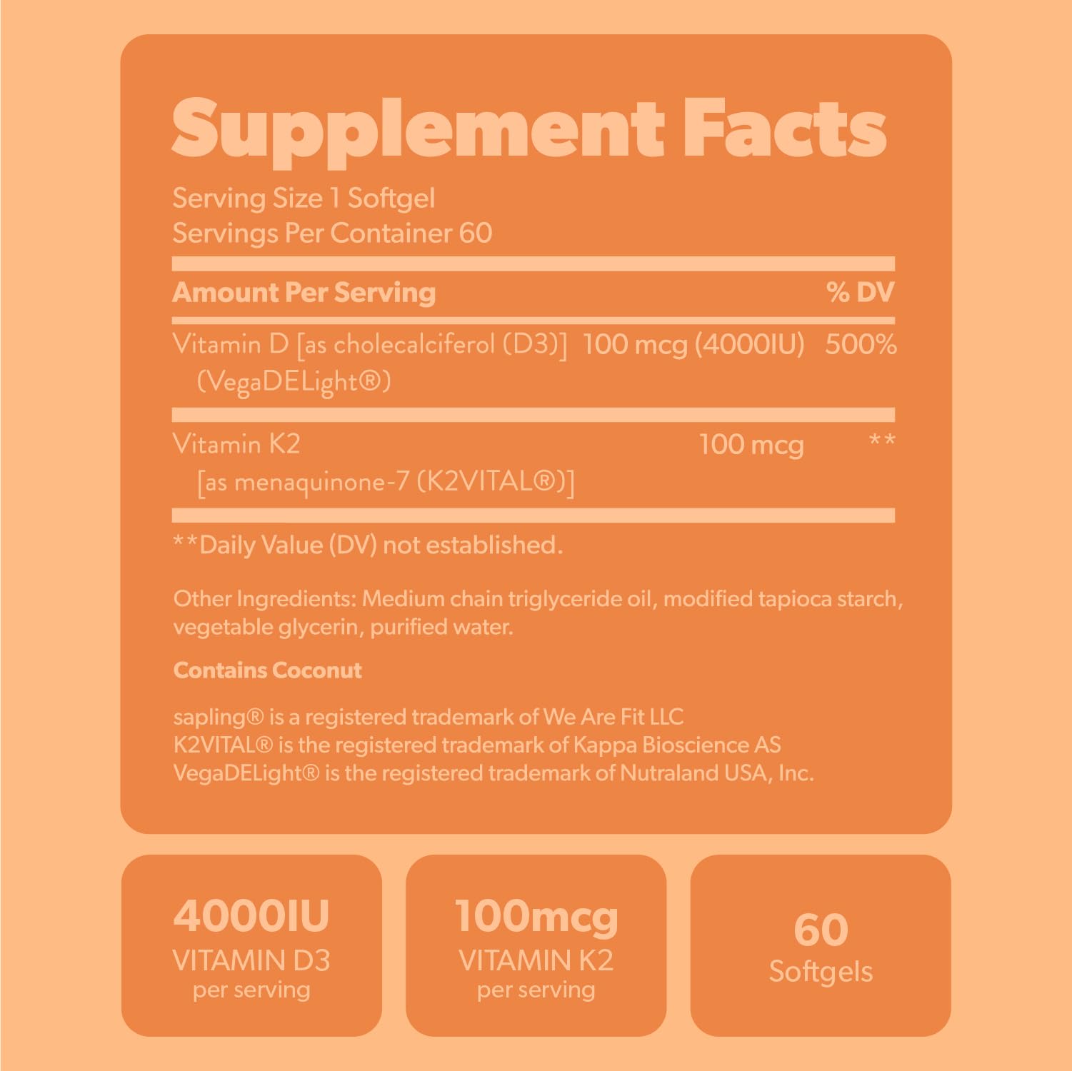 Sapling Vegan D3 + K2 with MCT Oil - 4000 IU D3, 100 mcg K2 Mk7 | 60 Softgels