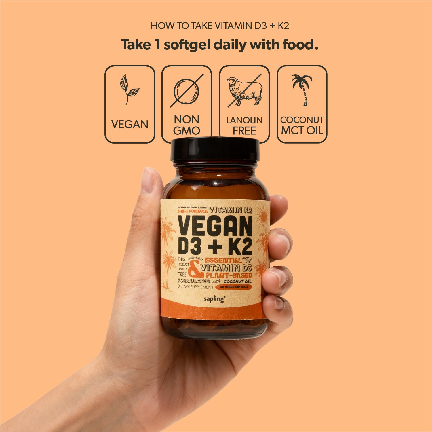 Sapling Vegan D3 + K2 with MCT Oil - 4000 IU D3, 100 mcg K2 Mk7 | 60 Softgels