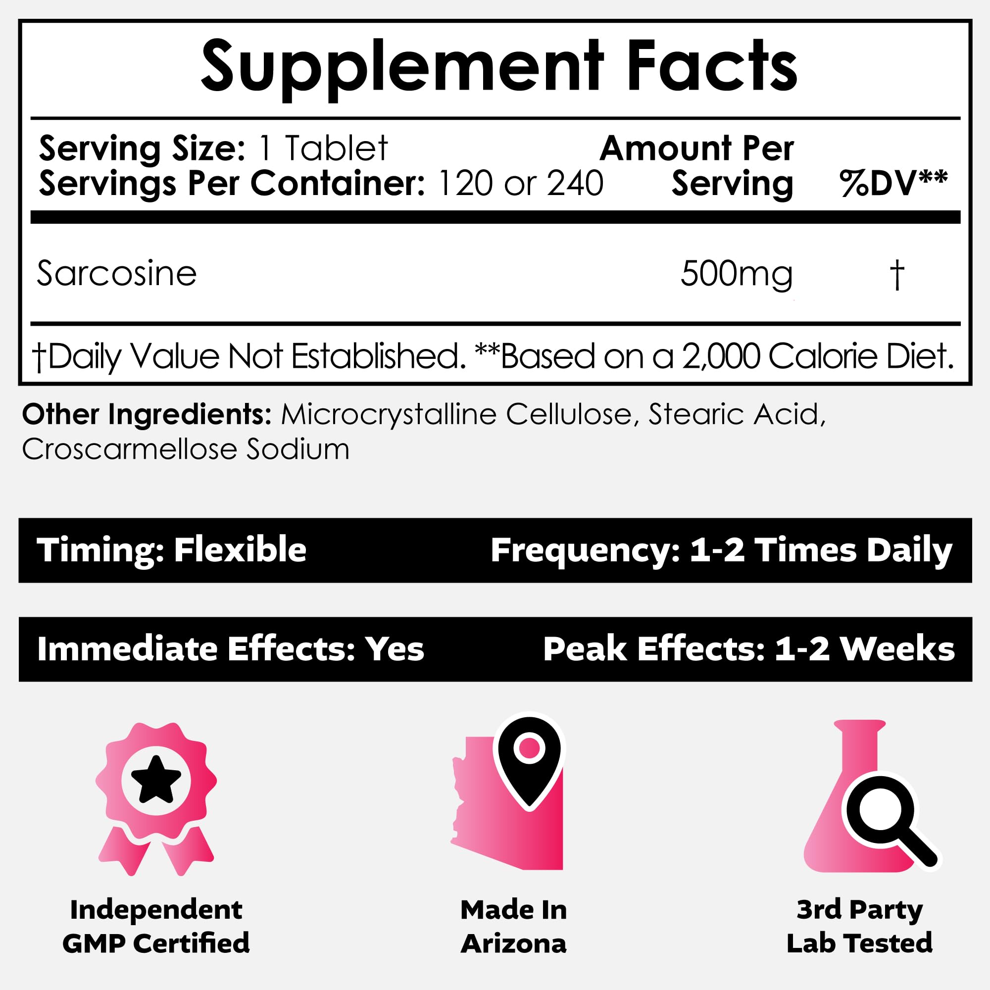 Nootropics Depot Sarcosine Tablets 500mg | 240 Count | Chewable