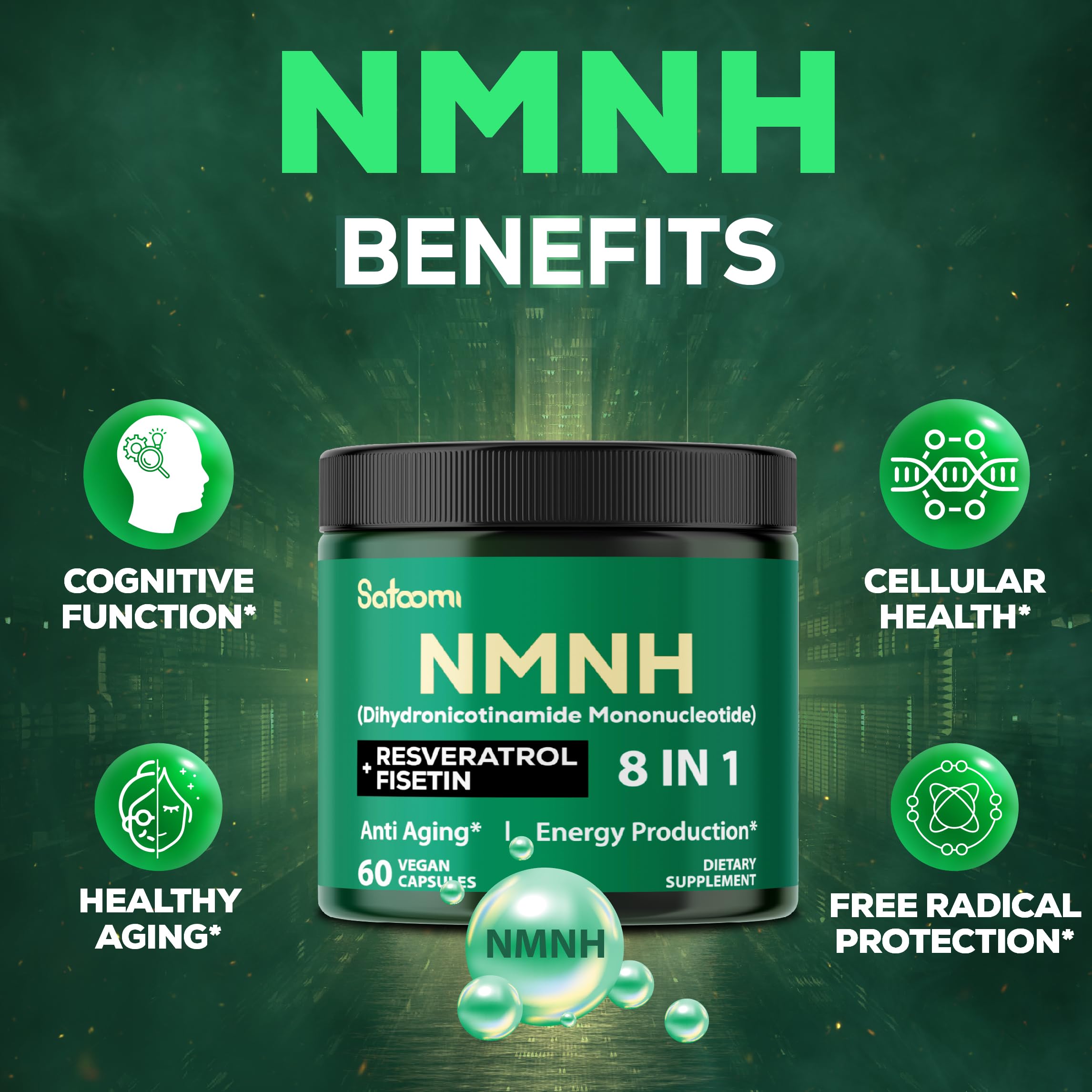 Satoomi 8in1 NMNH - NMN Supplement Alternative - NAD Supplement to Support NAD Levels Added Fisetin, Resveratrol, Quercetin, Turmeric, Berberine, Vitamin D3 & C - 60 Count for 30 Days