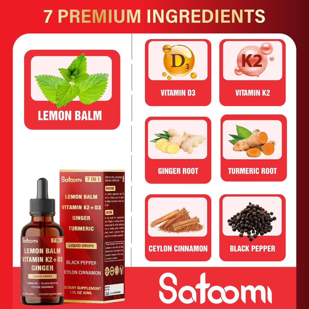 Satoomi 7in1 Lemon Balm Tincture with D3, K2, Ginger, Turmeric, Cinnamon & Black Pepper – 1 fl oz, 60 Day Supply