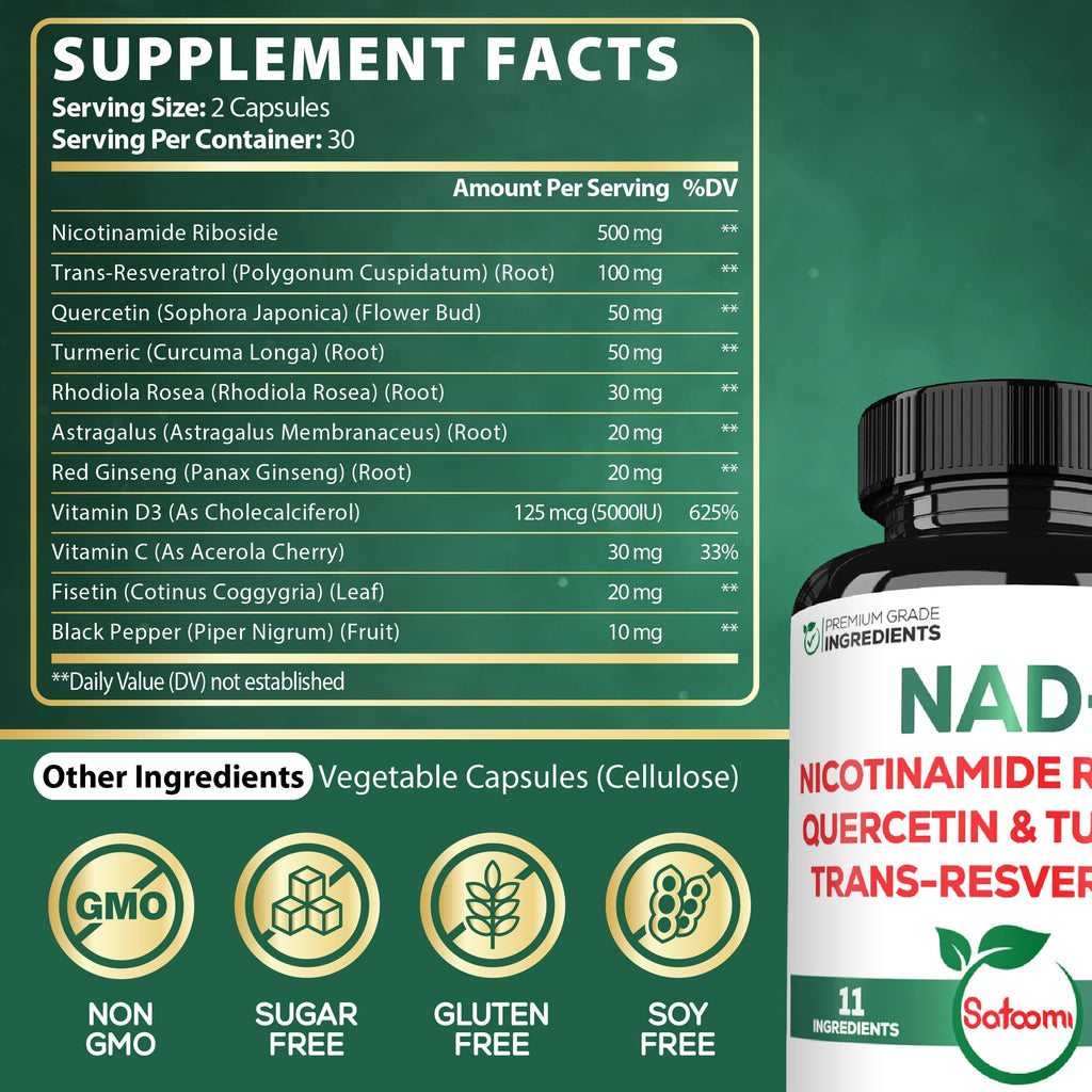 Satoomi NAD Supplement for Women – NR Nicotinamide Riboside 900mg + Resveratrol, 60 Count