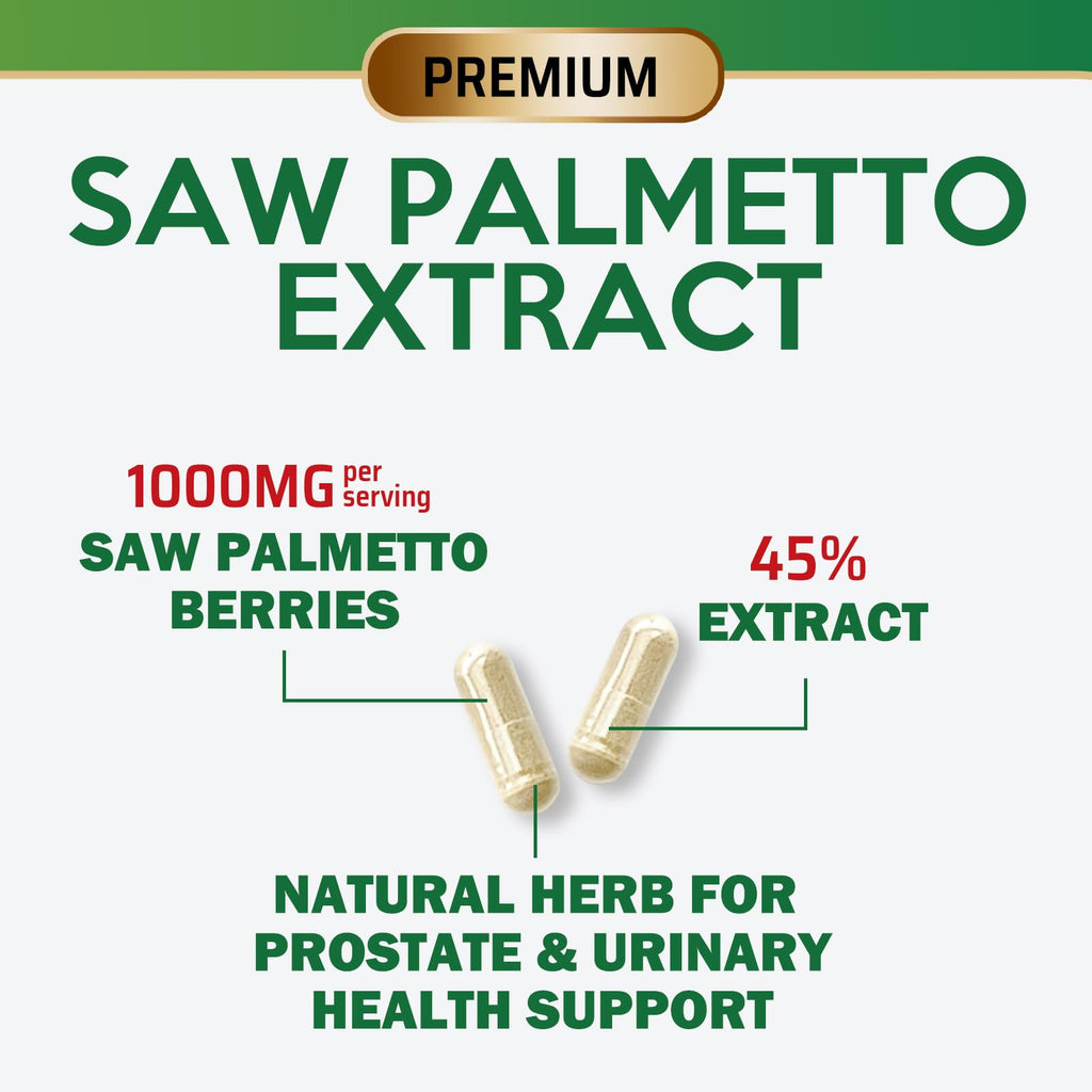 Saw Palmetto for Men 1000MG - 3X Strength Prostate Health Supplement - Herbal Extract Supplement - Prostate Supplements for Men's Health Support, Prostate Urinary & Hair Health Support - 60 Capsules