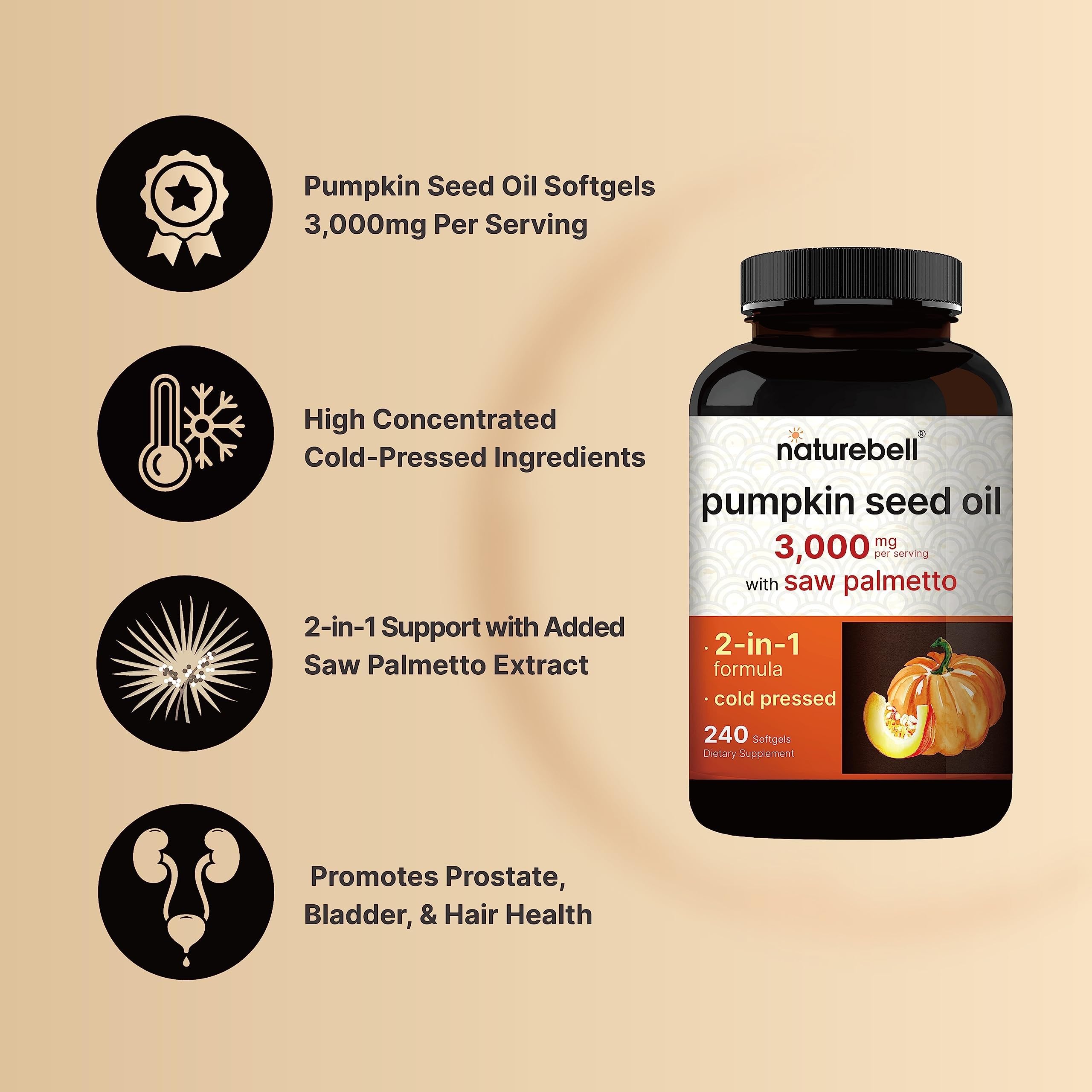 Virgin Pumpkin Seed Oil 3,000mg + Saw Palmetto – Cold-Pressed, Non-GMO | Prostate & Bladder Support, 240 Softgels