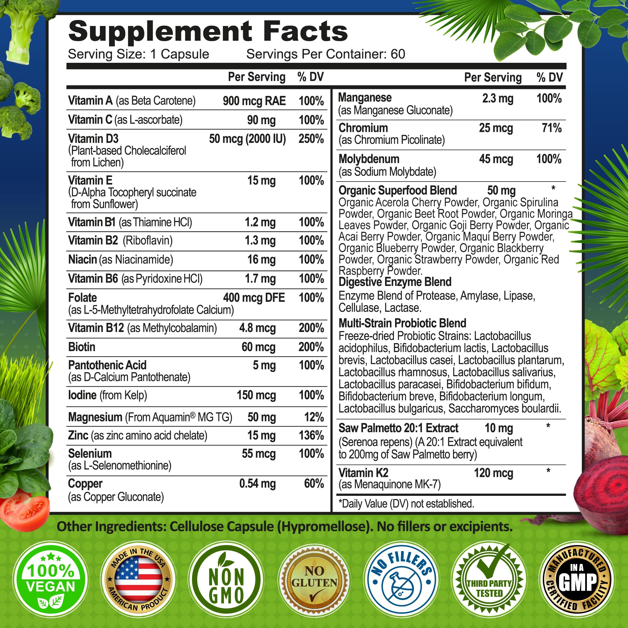 Men's Daily Multivitamin – Vegan Methylated Formula with Saw Palmetto, Biotin & Probiotics